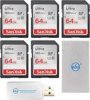 SanDisk 64GB SD Card 5 Pack SD Ultra UHS-I Class 10 (SDSDUNB-064G-GN6IN) Bundle with (1) Everything But Stromboli SDXC & MicroSD Memory Card Reader & (1) Everything But Stromboli Micro Fiber Cloth
