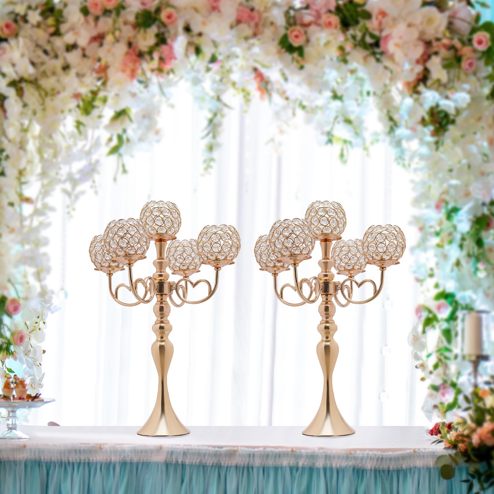 2PCS 5-Arm Crystal Candelabra,21.5 Inch Tall Candle Holder Table Candelabra Stand,2.2-4.4 lbs Load-bearing Capacity,Tabletop Crystal Candelabra for Weddings, Home Decor, Birthdays