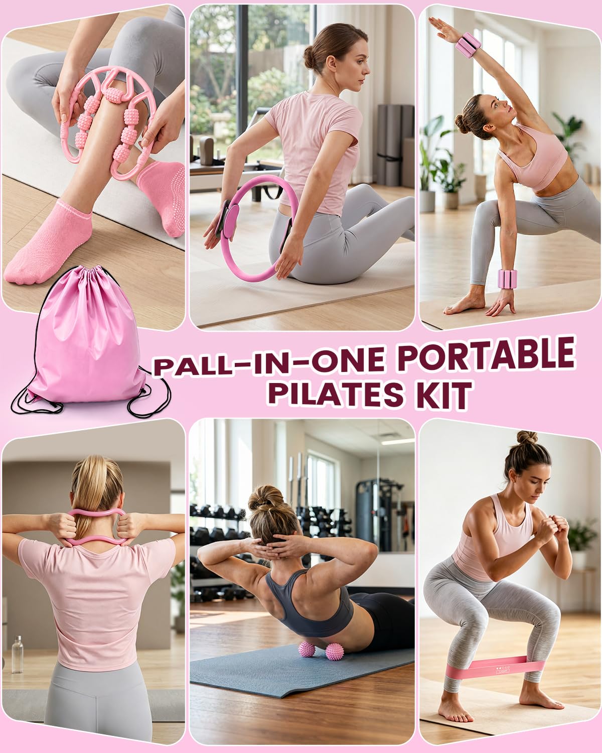 Kit per Pilates 24 in 1, kit per allenamento a casa, per donne, attrezzatura per pilates con anello e palla da 33 cm, per principianti e allenamenti a casa