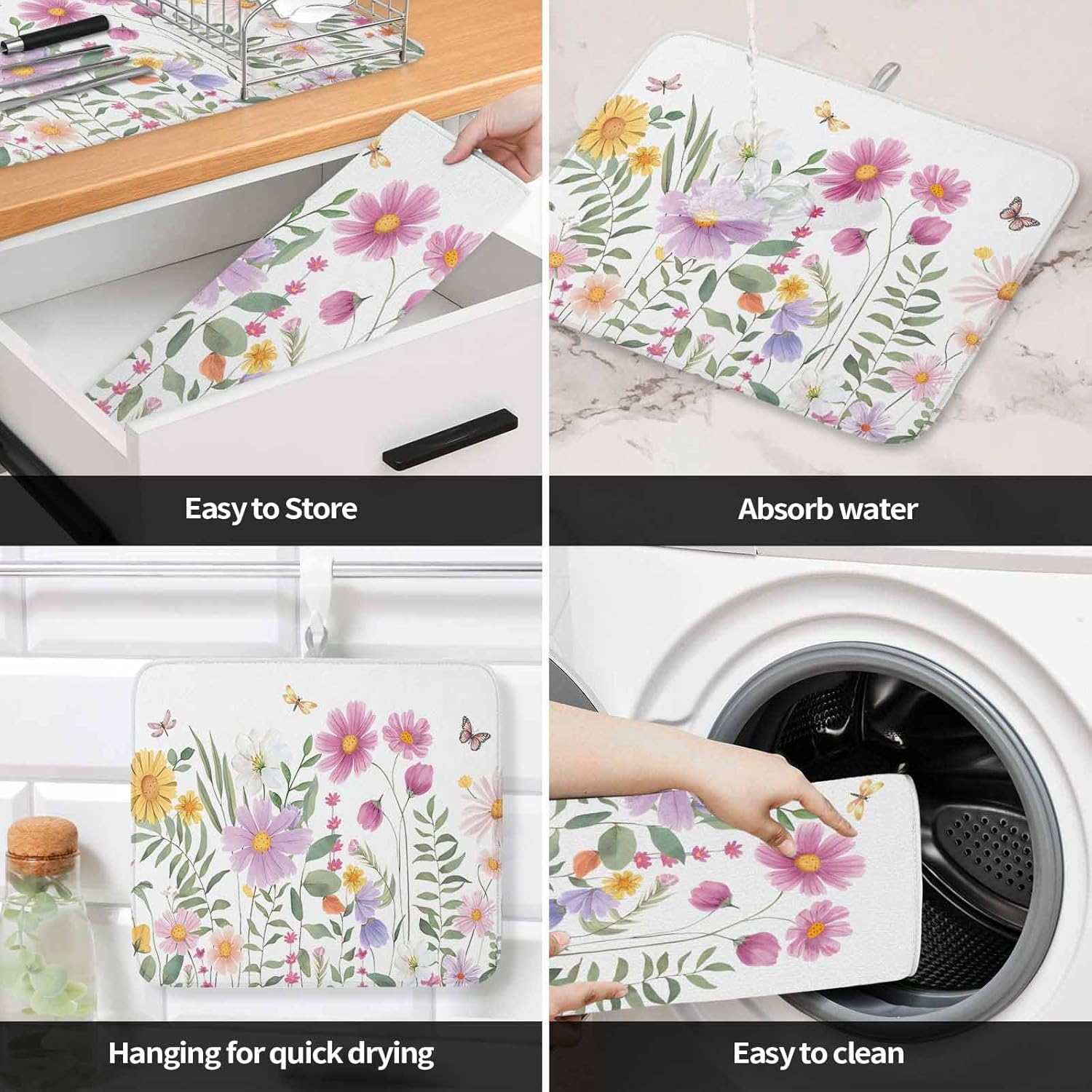 Dish Drying Mat Set of 2 Spring Vintage Wild Flowers Microfiber Absorbent Reusable Washable Dish Drying Rack Mat Farmhouse Florals Coffee Mat for Coffee Maker Bar Kitchen Countertops 16x18inch