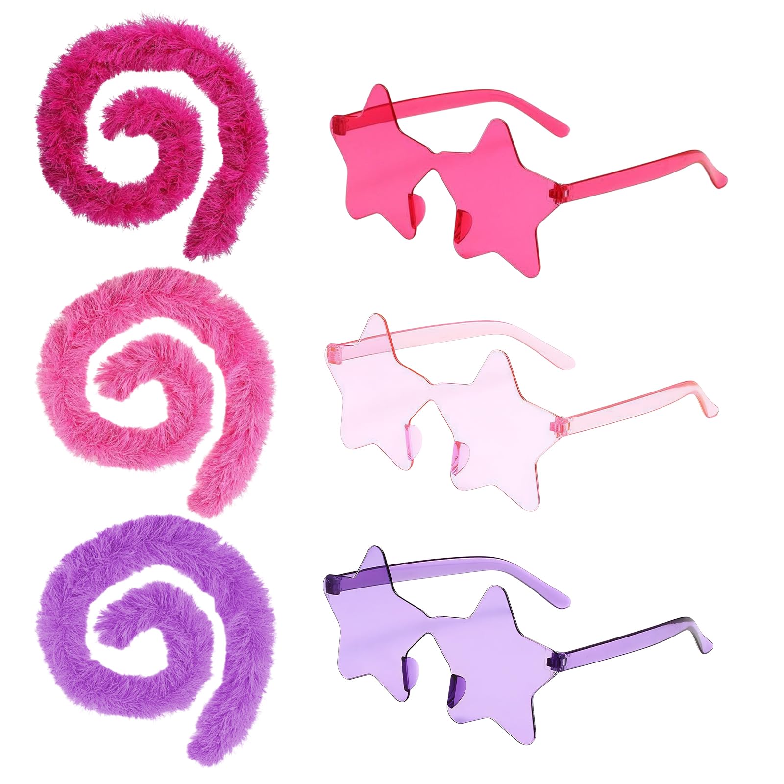 6 Pcs Colorful Feather Boa Set with Star Sunglasses for Women