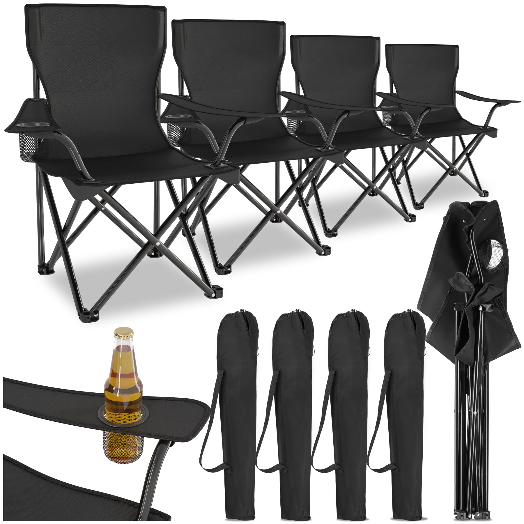 tectake® Set of 4 Foldable Camping Chairs, Portable & Lightweight with Cup Holder, Carry Bag & Durable Polyester Fabric, Easy-Care Folding Chair Set for Camping, Beach, Fishing, Festival - Black