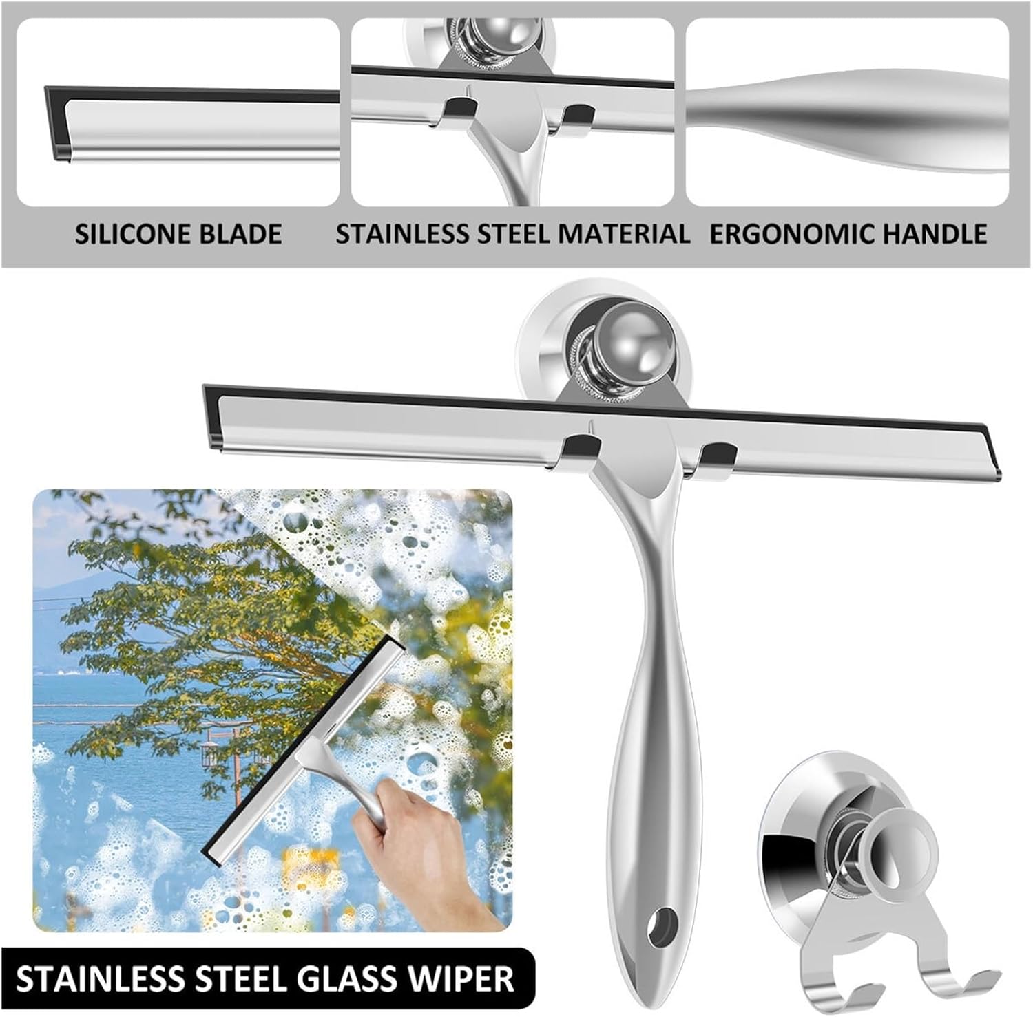 Fit for Stainless Steel Shower Squeegee with Suction Cup - Multi-Purpose Glass Cleaning Tool for Bathroom, Kitchen, and Car
