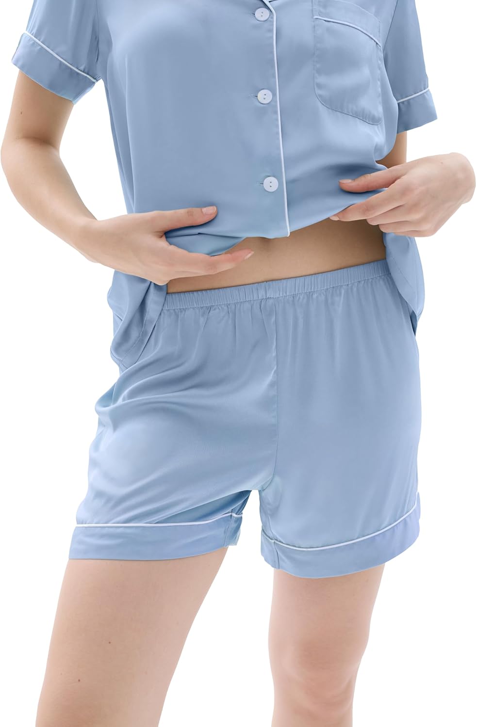 Joyaria Women Satin Super Soft Comfy Summer Cooling Breathable Short Sleeve Button Down Pajama Shorts Set - Image 6