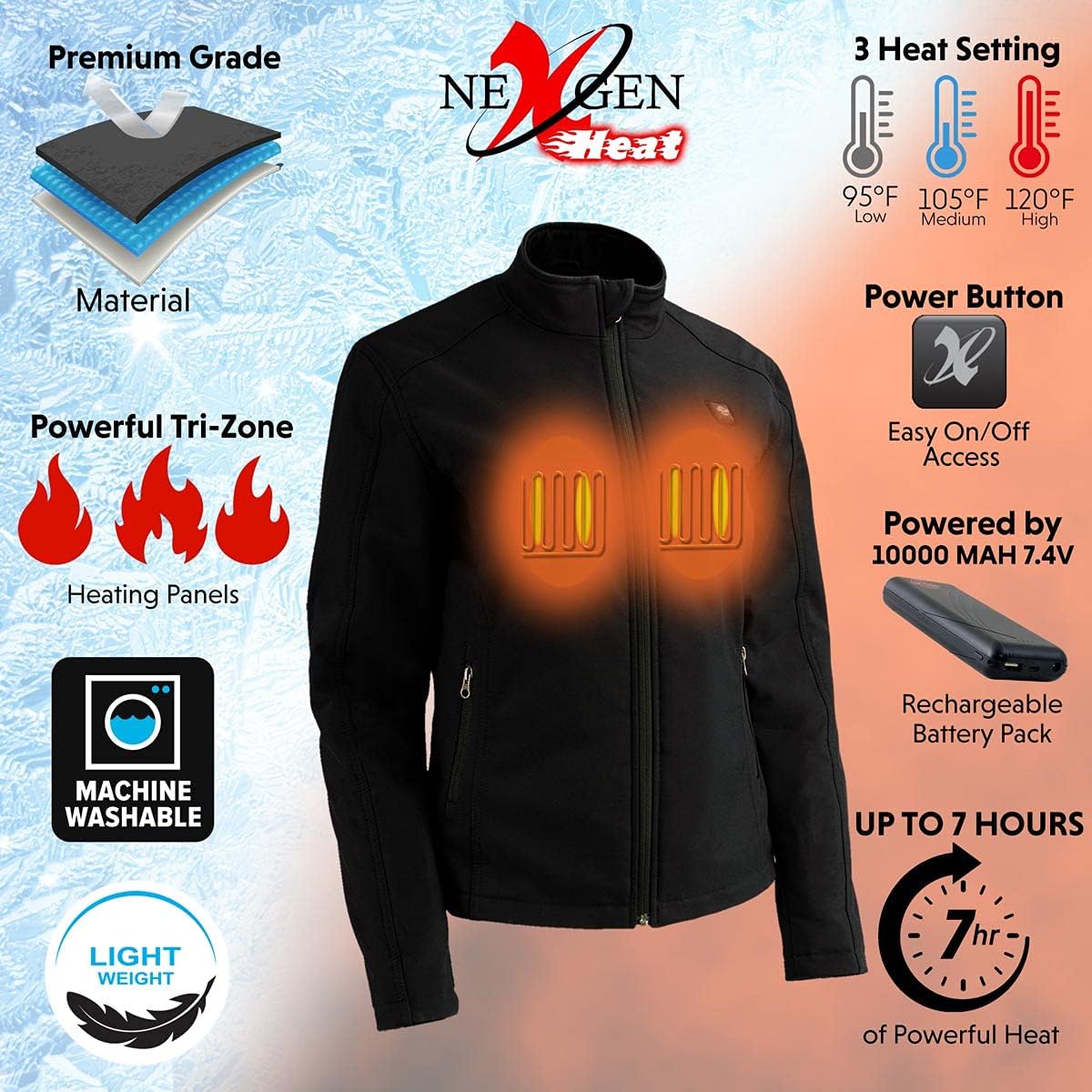 Nexgen Heat Women Zipper Front Soft Shell Jacket W/Front & Back Heating Elements