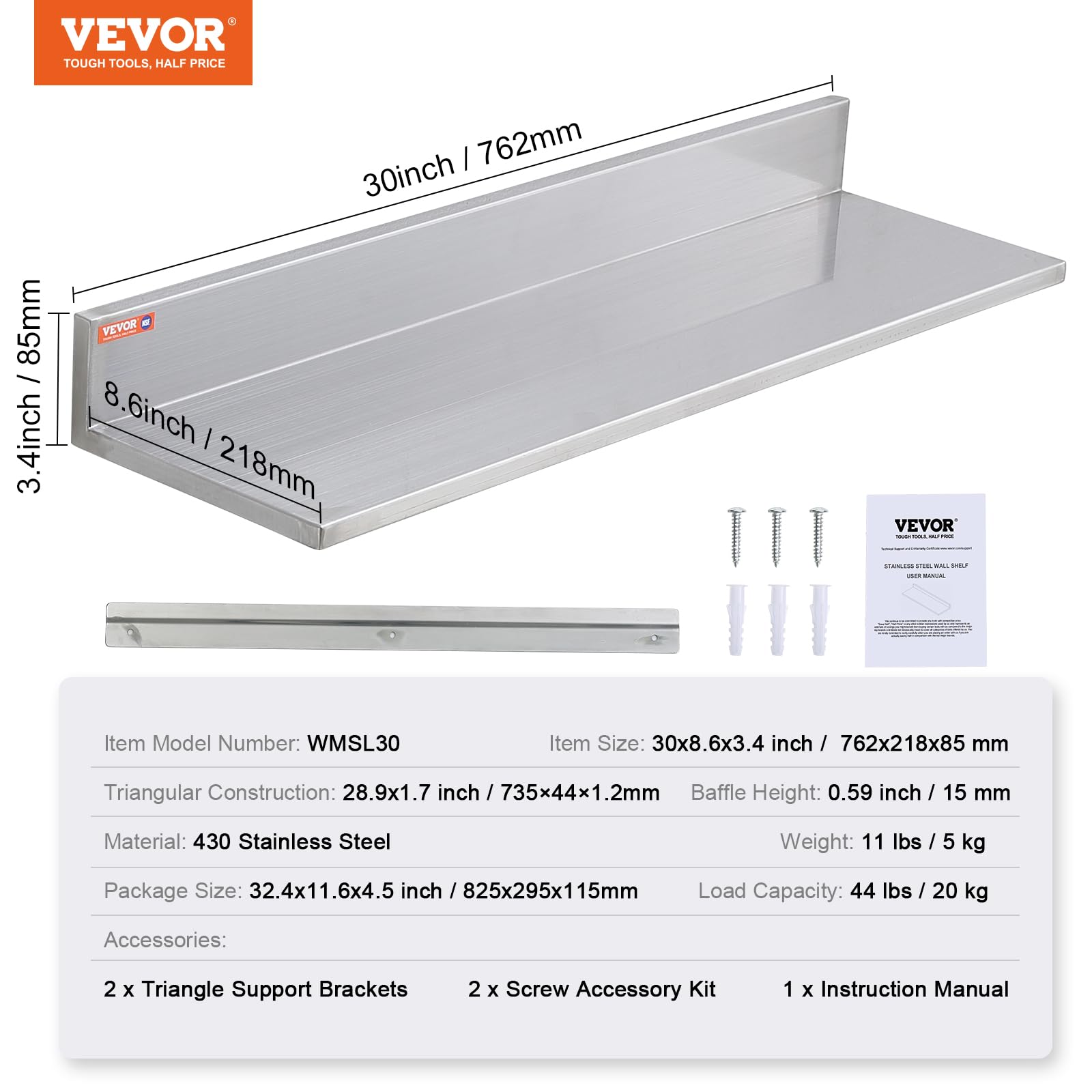 VEVOR Estantería de Acero Inoxidable de 762x218 mm Estante Flotante Montado en Pared con Protector contra Salpicaduras Carga de 20 kg Resistente para Restaurantes, Cocinas, Hoteles, Paquete de 2