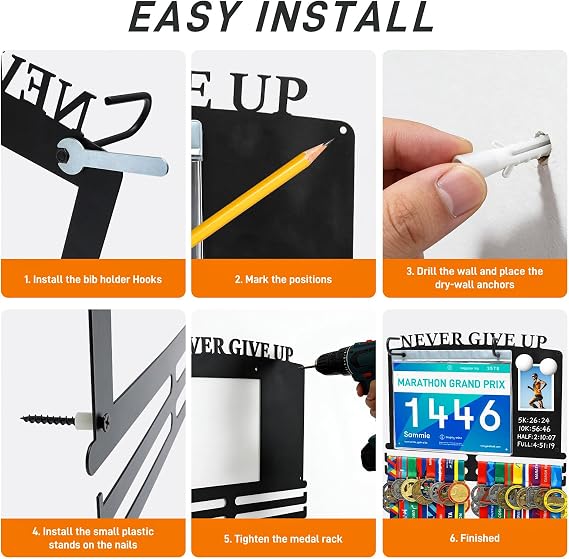 Medal Holder with Race Bib Display & Erasable Chalkboard – Includes 2 Magnets & 10 Bib Protectors, Holds 40 Bibs & 50 Medals, Heavy Duty Metal Wall Rack for Runner Marathon Park Run Gift