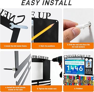 Medal Holder with Race Bib Display & Erasable Chalkboard – Includes 2 Magnets & 10 Bib Protectors, Holds 40 Bibs & 50 Medals, Heavy Duty Metal Wall Rack for Runner Marathon Park Run Gift