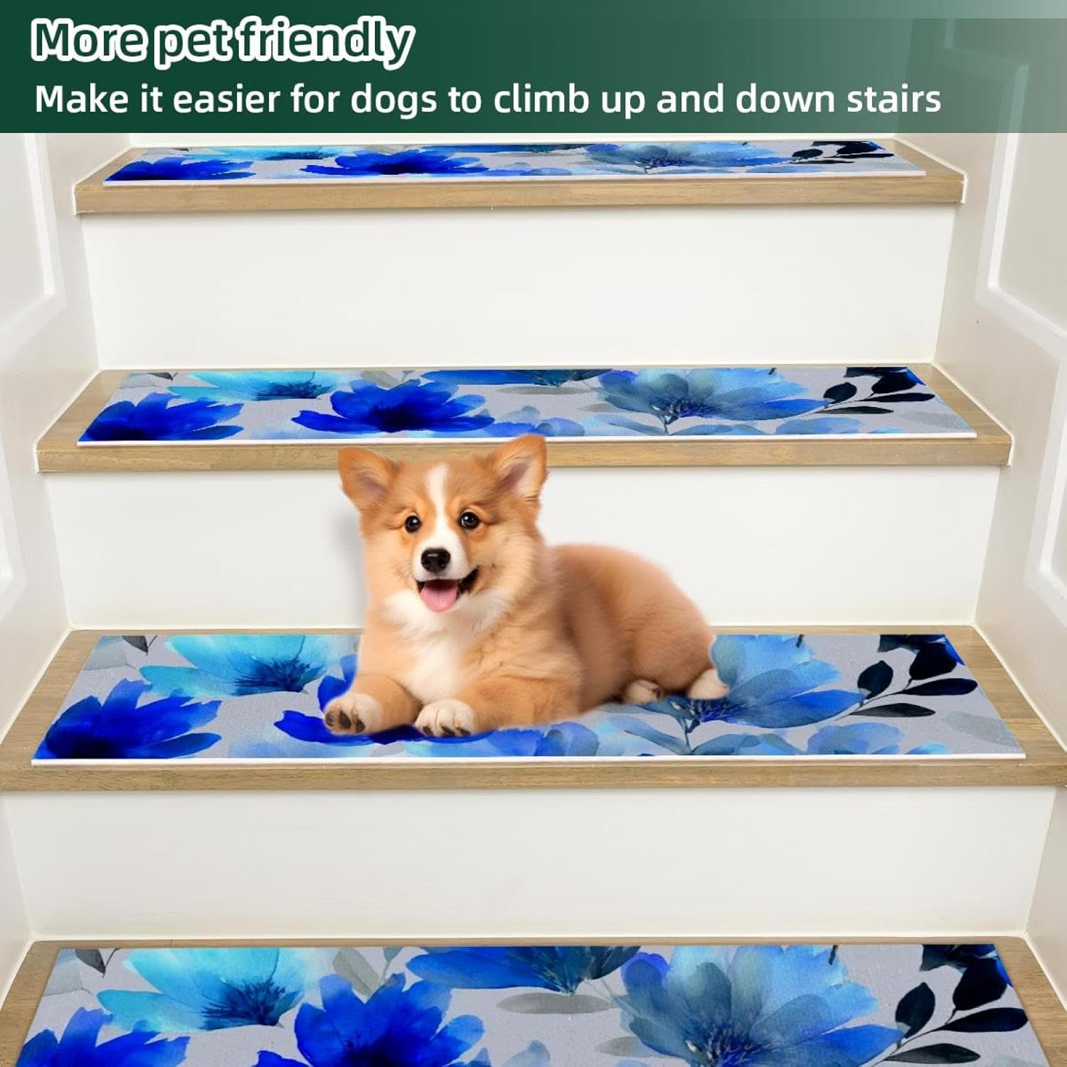 15 Pack Blue Flowers Watercolor Floral (3) Carpet Stair Treads for Wooden Steps Indoor, Slip Resistant Stair Rug Staircase Step Treads Pads for Pet, Kids and Elderly