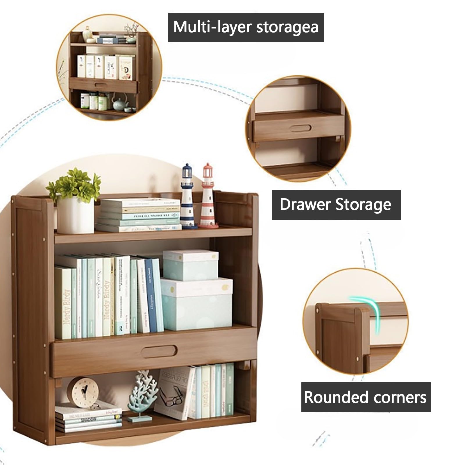 Schreibtisch-Organizer aus Holz mit Schubladen für Heimbürobedarf, zweilagig, 66 cm, Schreibtisch-Bücherregal
