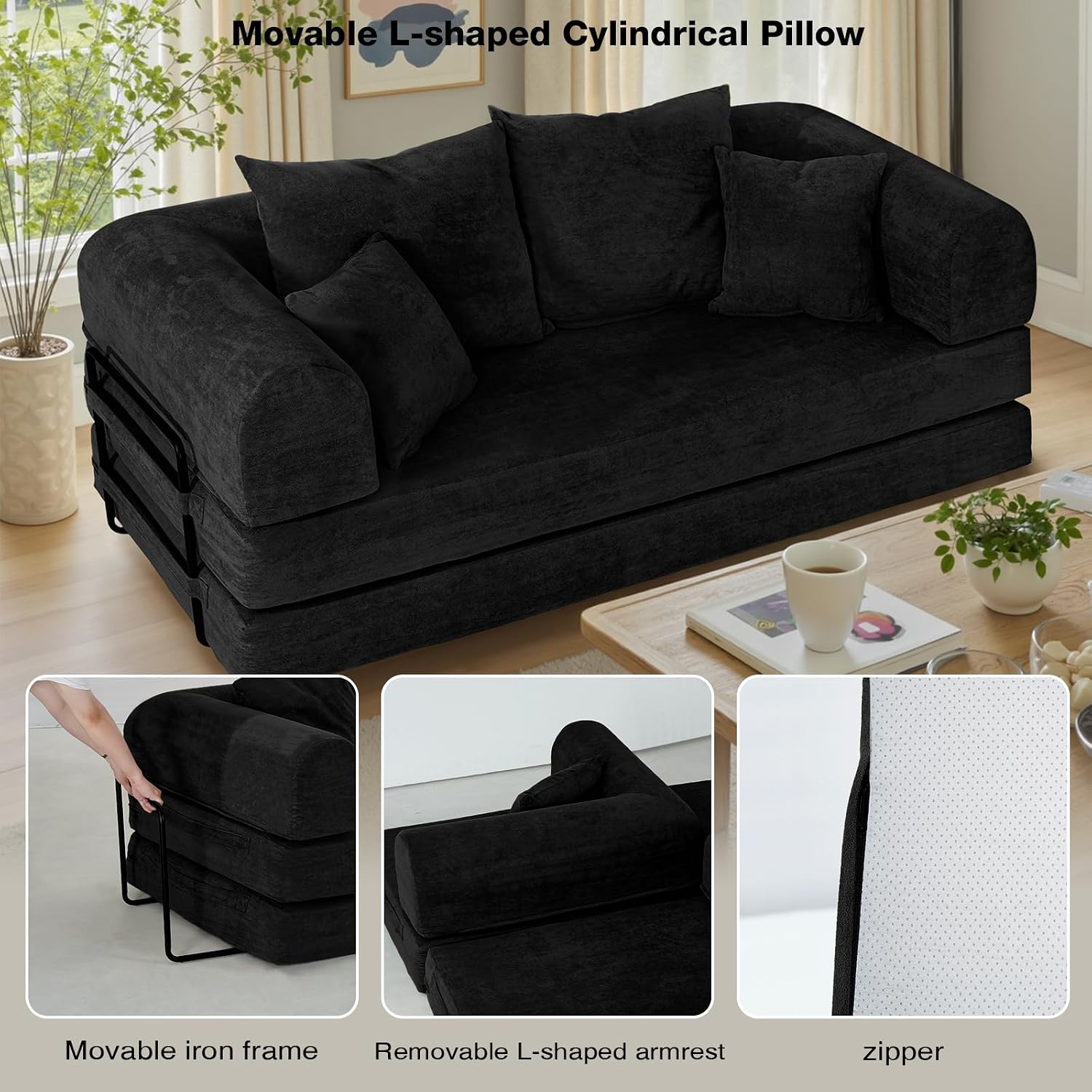 Convertible Sleeper Sofa Bed 79" Chenille Upholstered 4-in-1 Folding Mattress Couch Living Room Bedroom