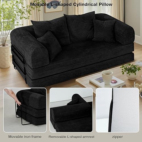 Miniatura 5 de Sofá cama convertible con almohada, 79 sofá cama tapizado de felpilla de gran tamaño, sin hueso, sofá plegable 4 en 1 con marco de forma fija, sofá