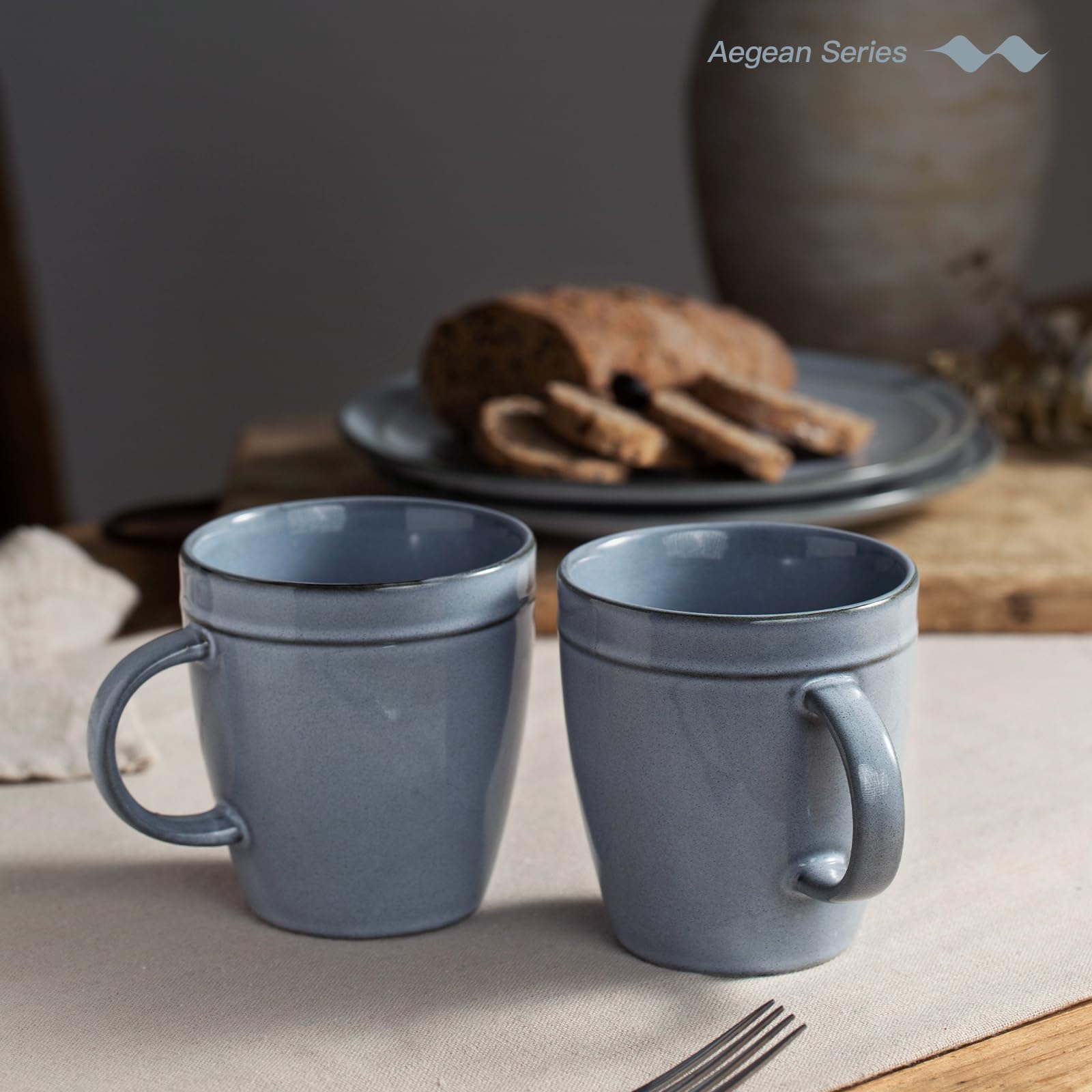 famiware Coffee Mug Set of 4, 14oz Cup with Handle - Aegean Large Tea Cup Set, Microwave and Dishwasher Safe, Blue Grey
