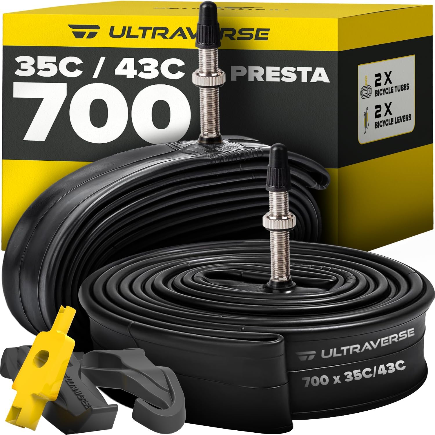 ultraverse bike inner tube for 700x23-25c, 700x28-32c, 700x35-43c 28 inch bicycle wheel sizes with 48mm presta valve - butyl rubber tubes for road and gravel bikes - 2 tubes, 2 tire levers included presta valve - 700c 700 x 35-43c
