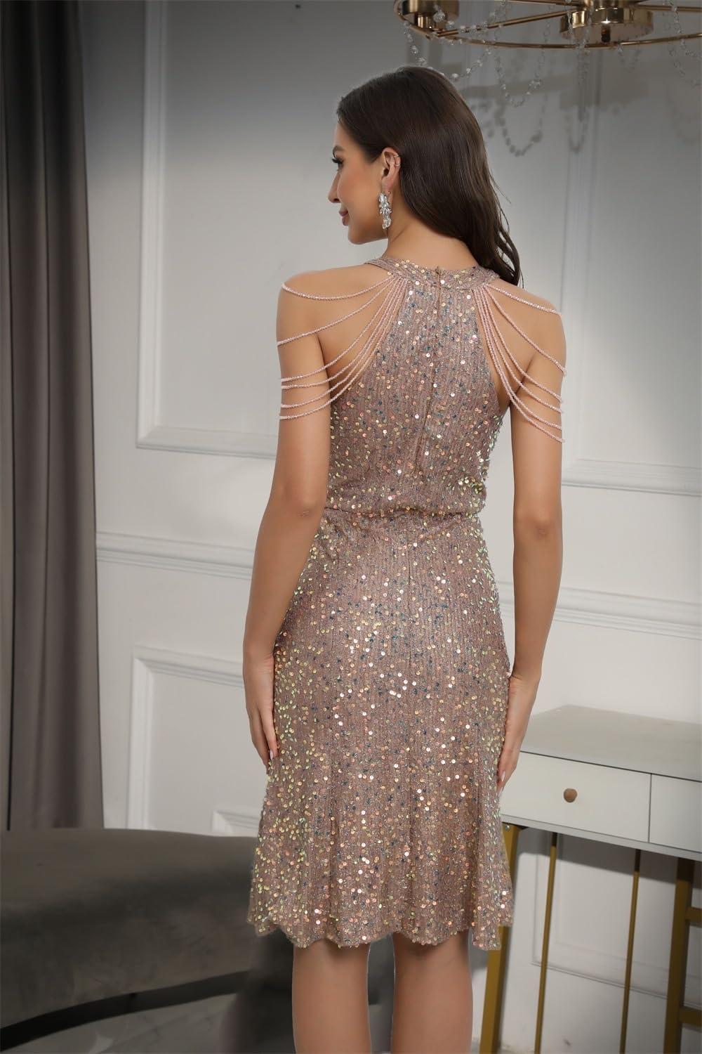 Vestido De Lentejuelas Brillantes Sexy De Verano 2023 Mujer Cuello Halter Manga De Borla Ceñido Paquete Cadera Midi Fiesta De Cóctel Dress