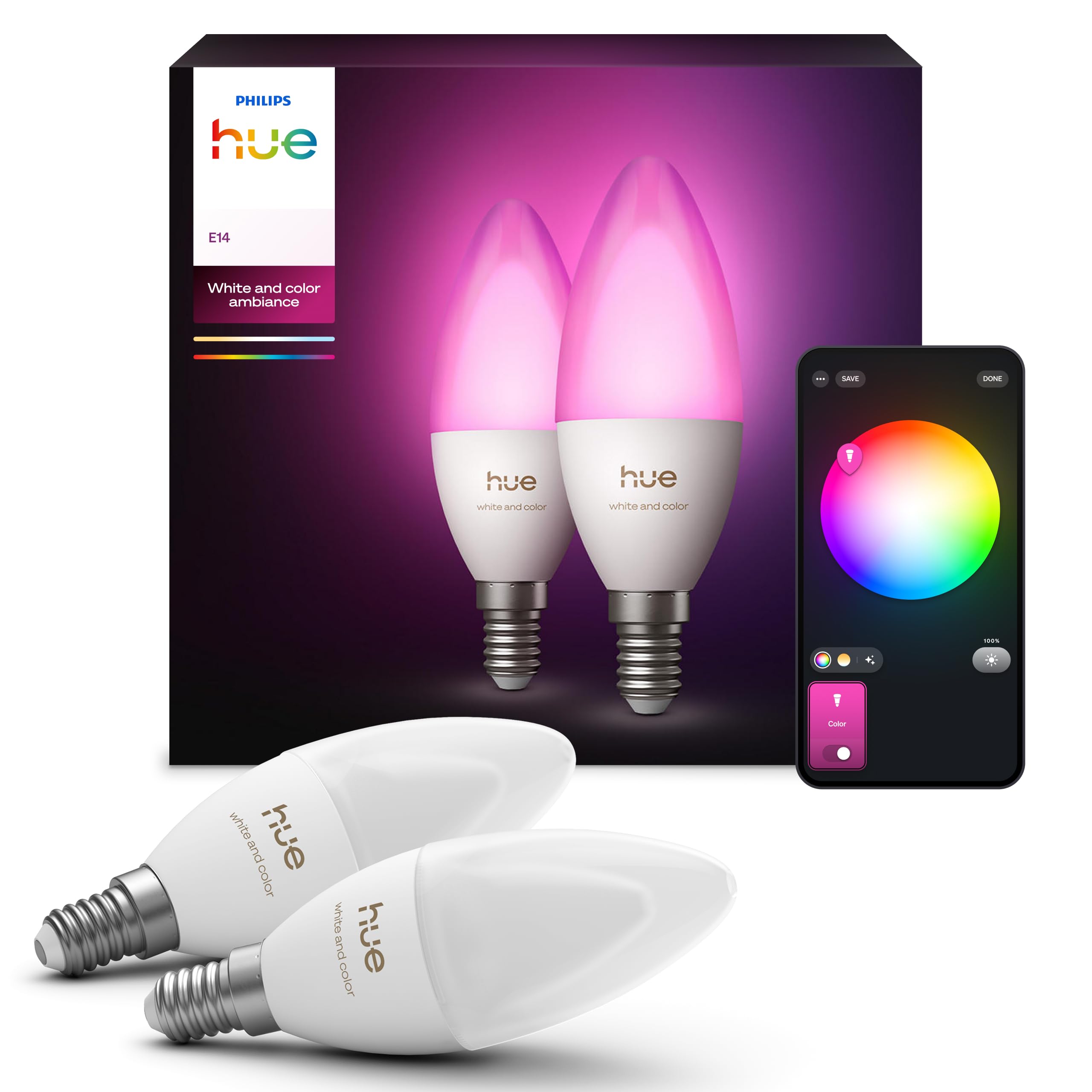 Philips Hue White & Color Ambiance, ampoule LED connectée E14, compatible Bluetooth, pack de 2, fonctionne avec Alexa, Google Assistant et Apple Homekit