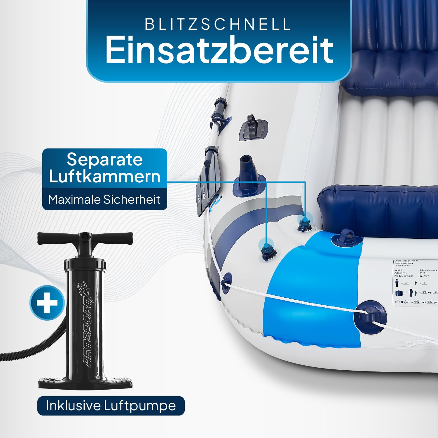ArtSport Schlauchboot 322 cm für 4 Personen – Aufblasbares Paddelboot mit 2 Sitzbänken, PVC Ruderboot inkl. Luftpumpe, Paddel, Tasche & Reparaturset