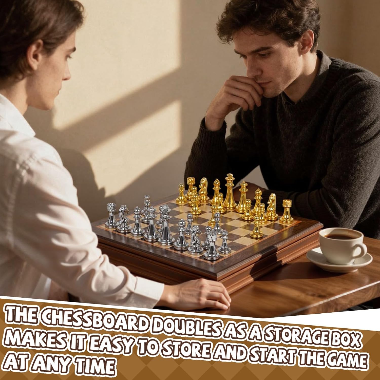 12-Inch Metal Chess Set with Wooden Board for Kids and Adults, Gold & Silver Chess Pieces with Extra Queens, Portable Small Chess Board for Travel, Family Game Night, Beginners & Professional Players