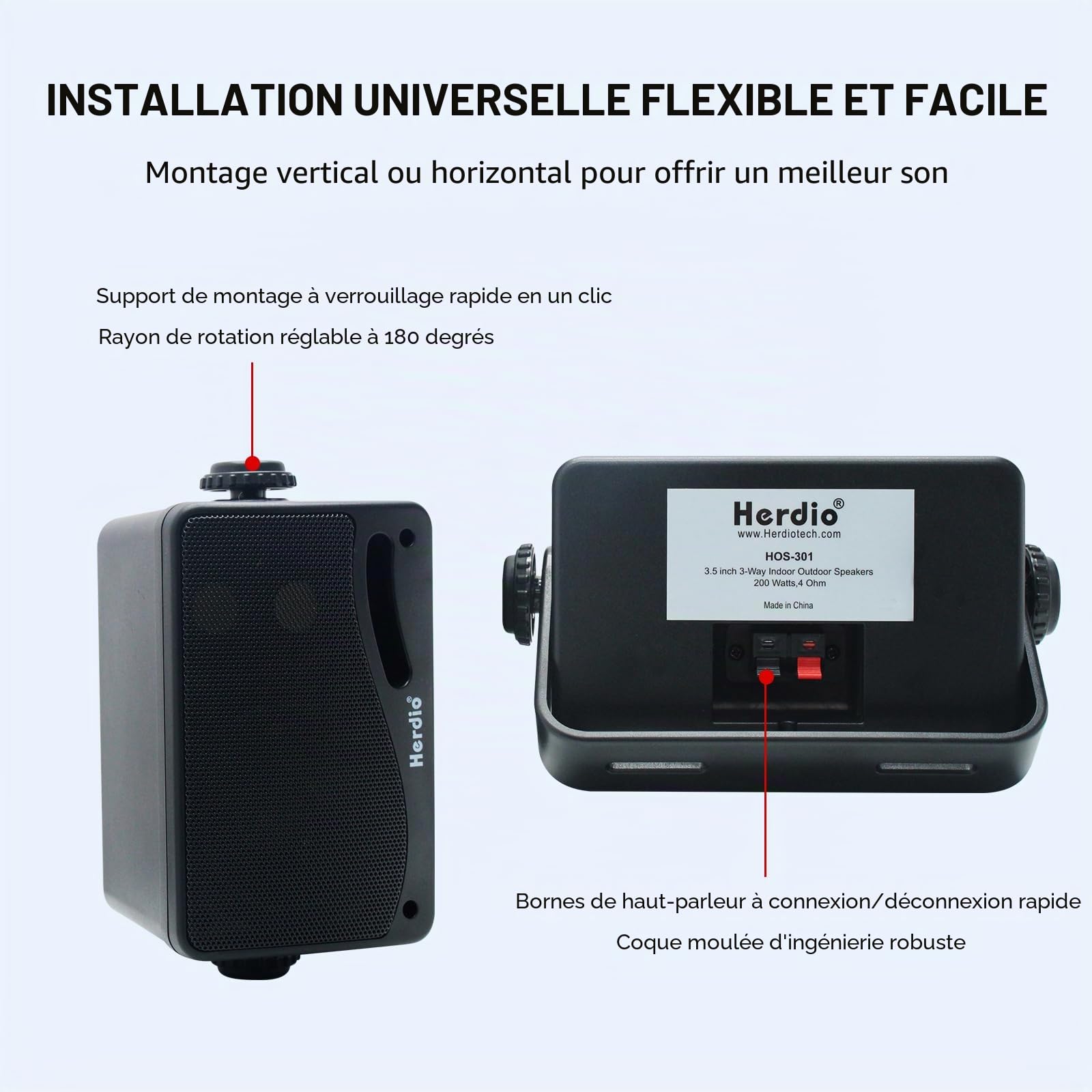 Herdio 3.5 Pouces étanche Filaire Enceintes d'extérieur,200W Haut Parleur Voiture Mural Passif Premium Montable, Basse Améliorée, Durable et Durable pour Patio Marine Boat Garage Intérieur (Noir)