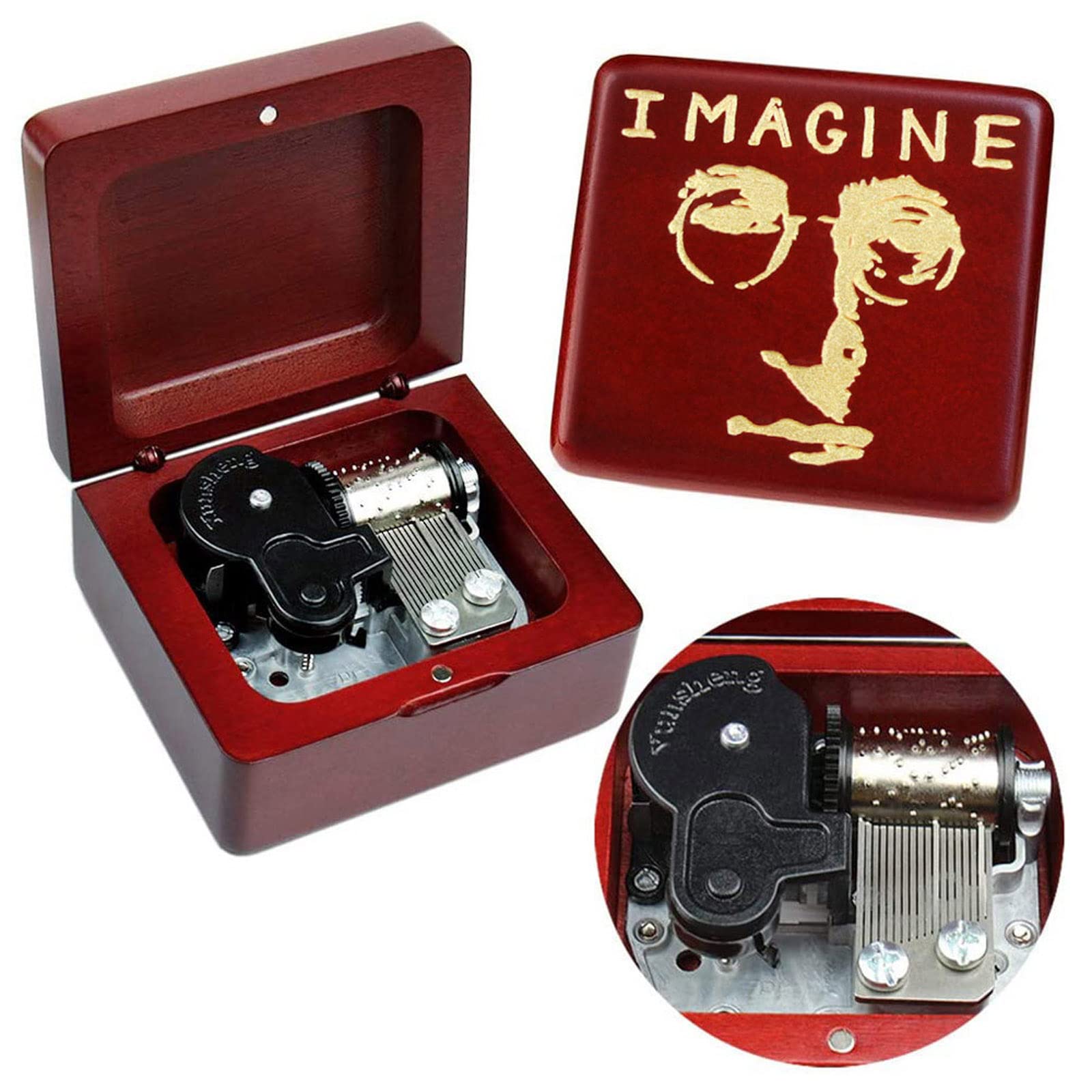Sinzyo Music Box Vintage Wood Carved Mechanism Musical Boxs Gift For Birthday Valentine's Day Christmas Day(Imagine -Wine Red Box)