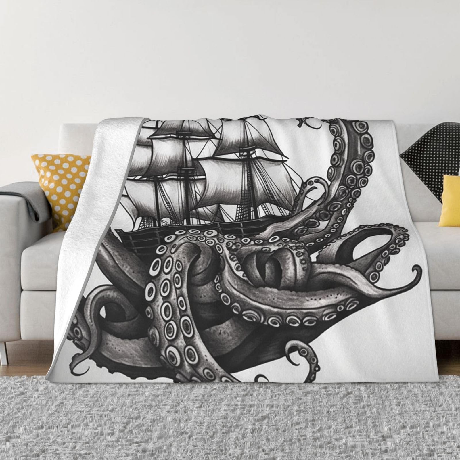 Black and White Octopus and Ship Throw Blanket 60"x50" Flannel Fluffy Warm Blanket for Couch, Reversible Plush Blankets for Bed, Comfy Fuzzy Blanket for Sofa, Plush Lightweight-Blankets for All Season