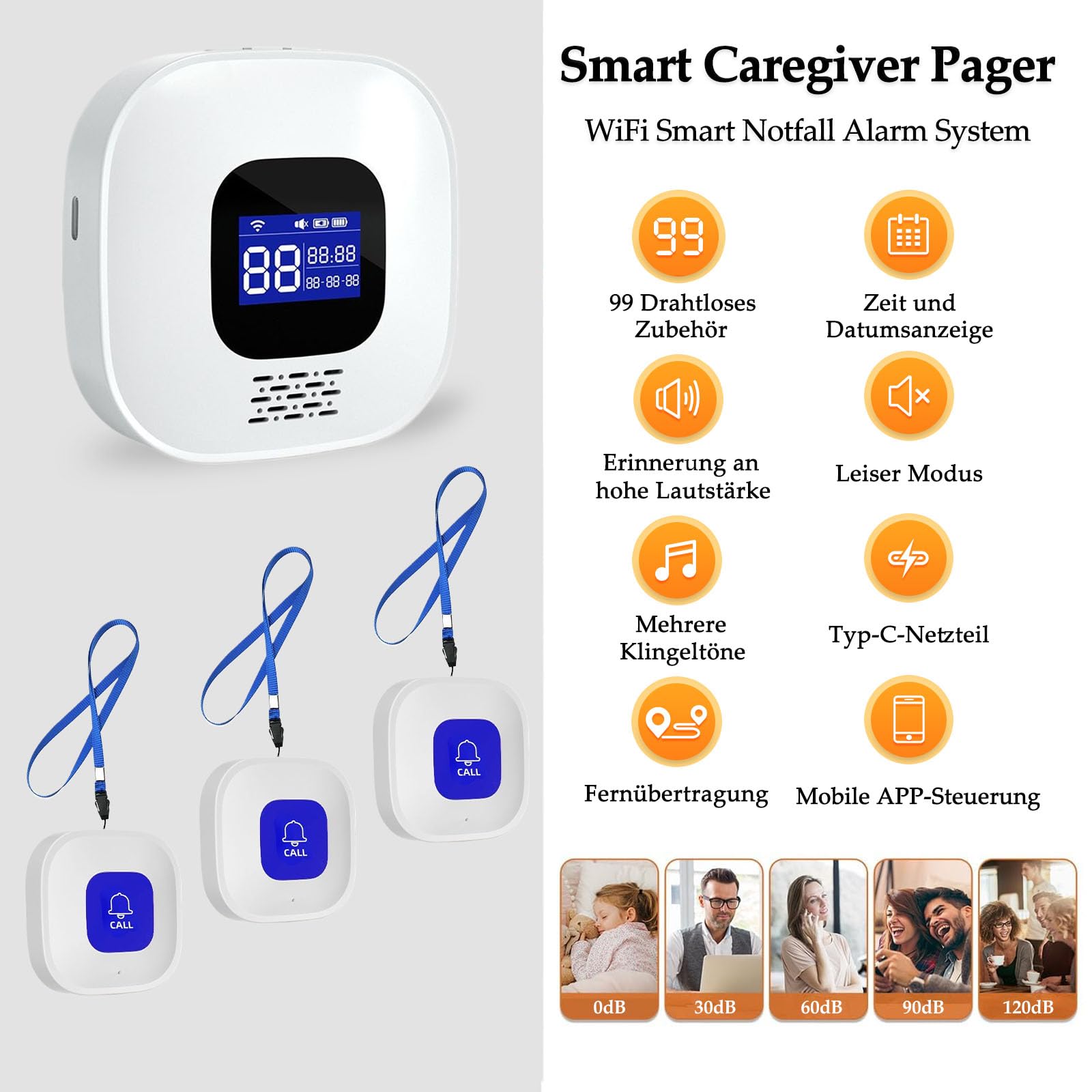 Salvavita Anziani, Pulsante Salvavita Anziani WiFi, App Tuya Smart/Smart Life per Ricevere Notifiche da Remoto, Adatto ad Anziani, Malati, Disabili, Bambini (1 Ricevitore + 3 SOS Pulsante)