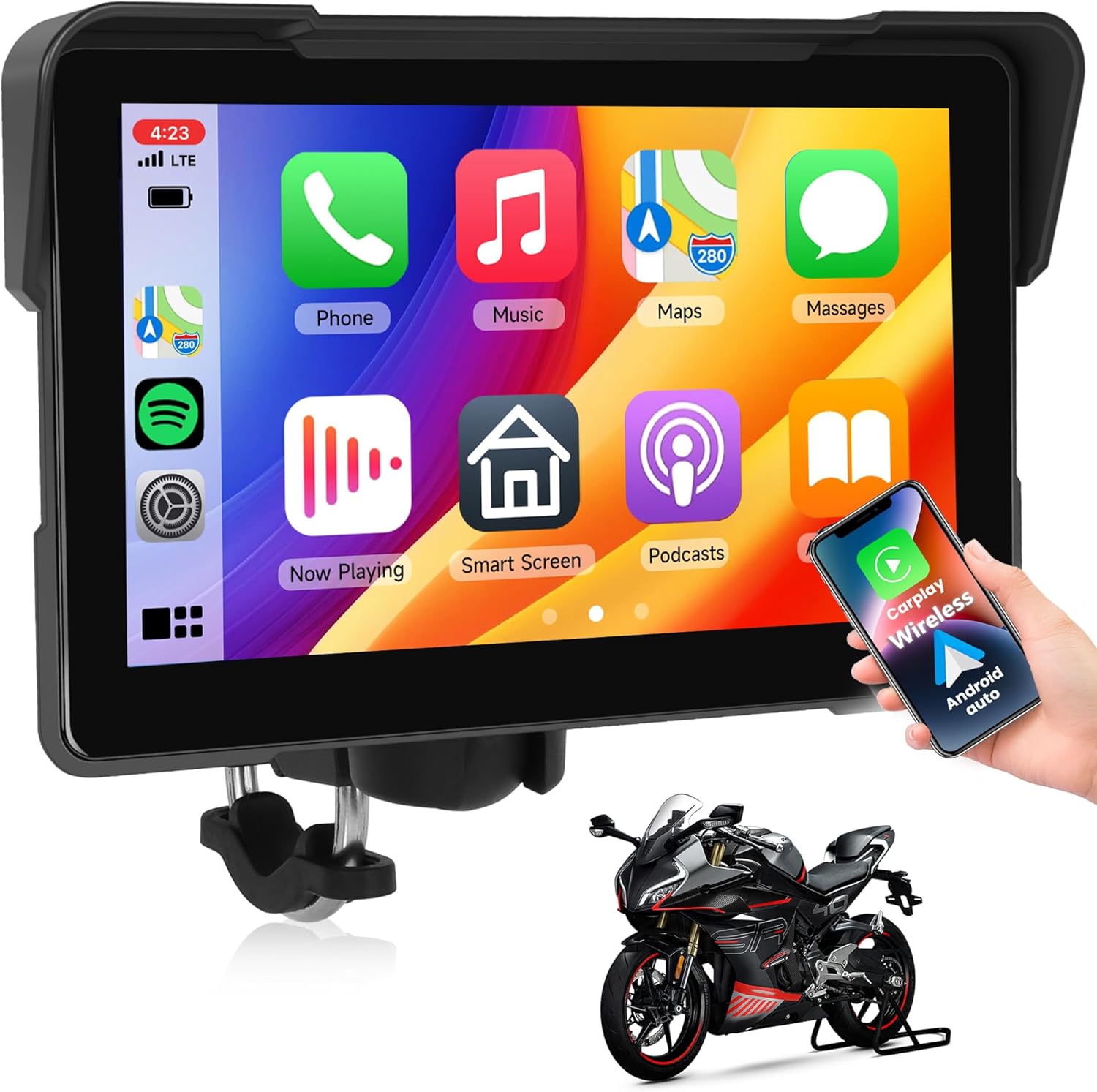7Inch Motorcycle Carplay Screen, Wireless CarPlay & Android Auto with Design Mount Waterproof Touchscreen Supports GPS Navigation/Bluetooth Transmission/EQ 7 inch