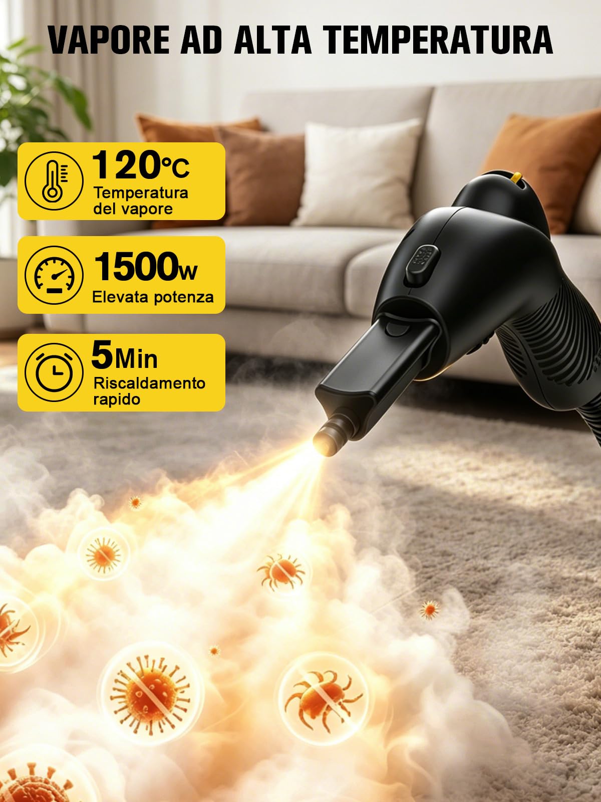 Waitbird Pulitore A Vapore Portatile, 4,5 Bar, Vapore Caldo 120 °C, 1500W | 21 Accessori | Senza Prodotti Chimici Per Pavimenti, Auto, Pareti, Fughe, Cucina E Bagno | Doppia Serratura Di Sicurezza
