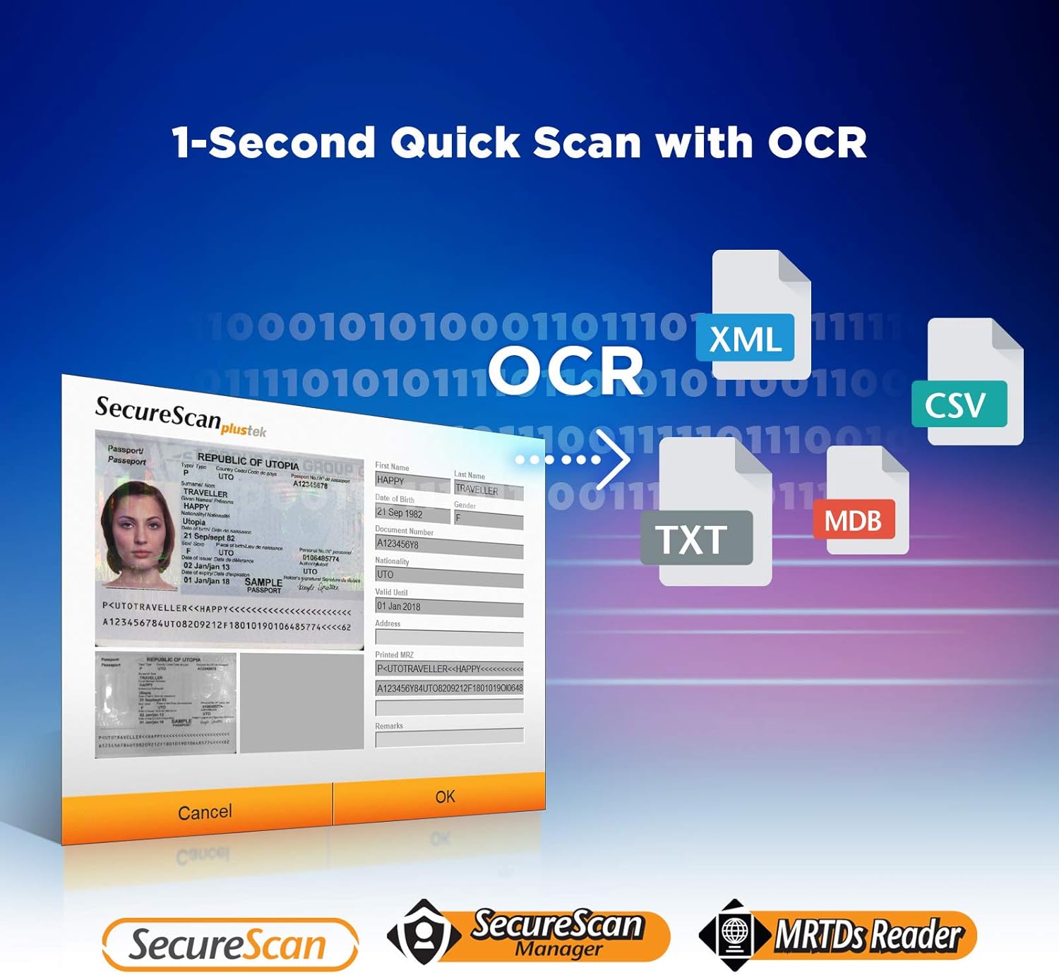 Plustek Passport/Driver License Scanner X-Mini, Visible and IR, Compliant with ICAO Doc 9303 / MRTDs (Includes Manager Software and Support SDK)