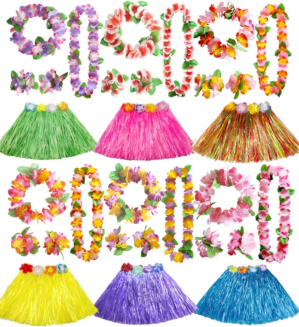 30Pcs Grass Skirt Hawaiian Luau Hula Skirts Hawaiian Leis Flowers Grass Skirts Headband Wristbands Tropical Hula Skirt for Girls Party Decorations Favors Supplies