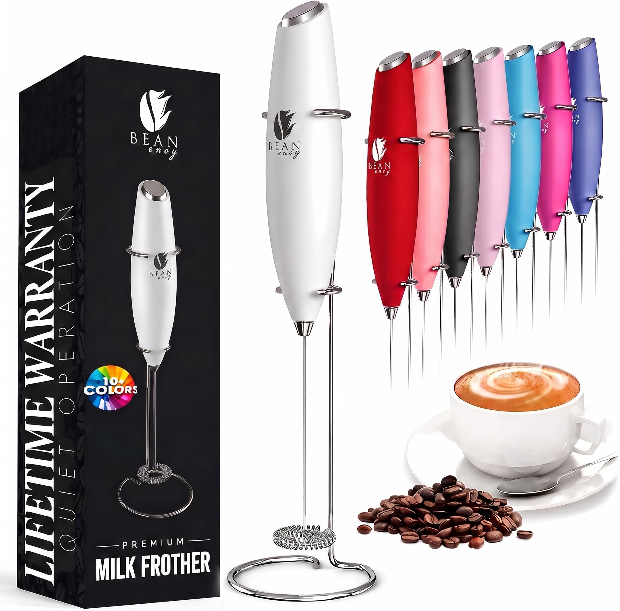 Milk Frother Handheld for Coffee - Electric Hand Blender, Mini Drink Mixer Whisk & Coffee Foamer Wand with Stand for Lattes, Cappuccino, Matcha and Hot Chocolate - Kitchen Gifts - White