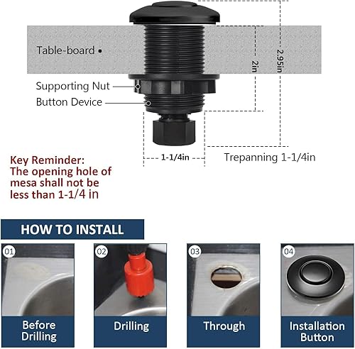 Miniatura 5 de Kit de interruptor de aire de eliminación de basura, salida única, parte superior del fregadero, eliminación de residuos, acero inoxidable, negro,