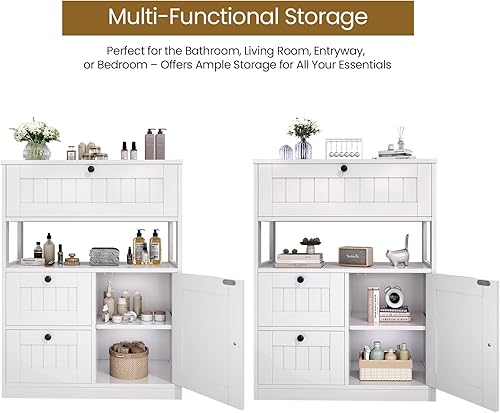 Miniatura 5 de Armario de baño, moderno organizador de armario de almacenamiento de piso de baño con 3 cajones y estantes ajustables, muebles para el hogar para