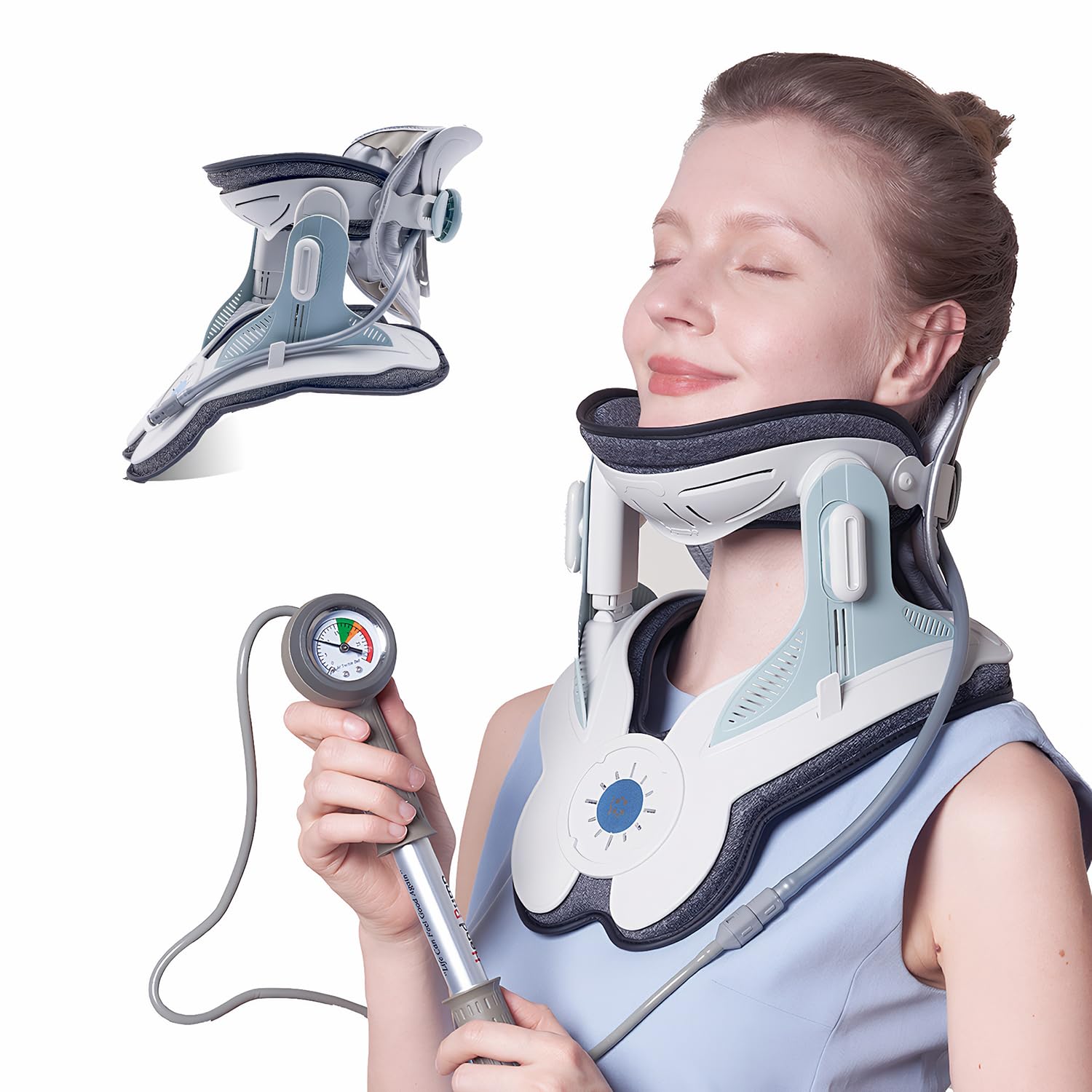 Dispositivo de tracción cervical para estiramiento del cuello y apoyo, con 3 Power Traction y 8 Airbag Support para dolor de cuello, estiramiento de la columna vertebral, uso doméstico, bomba de aire