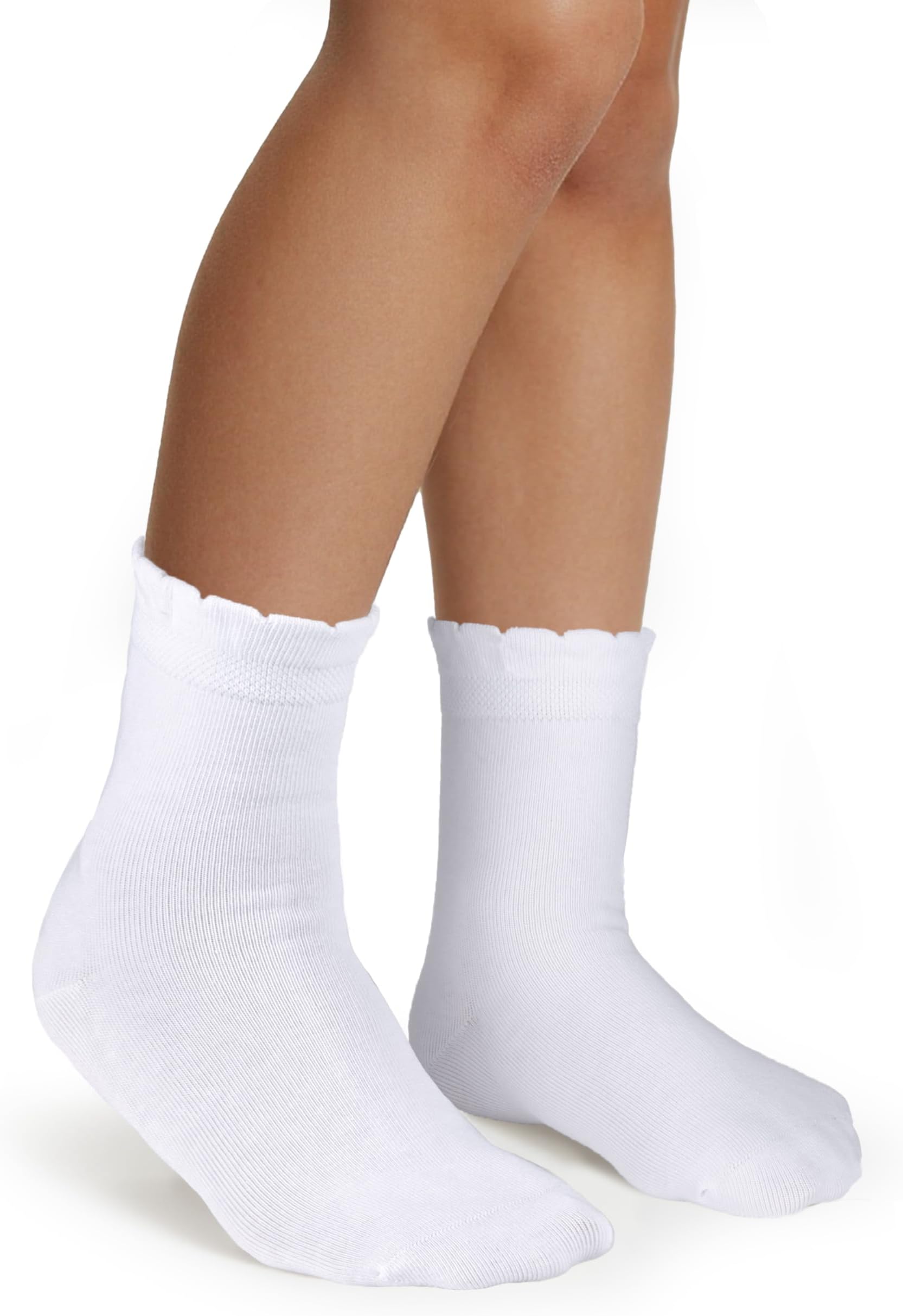 Girls White Dressy Textured Short Socks Scallop Top Design 5 Pack