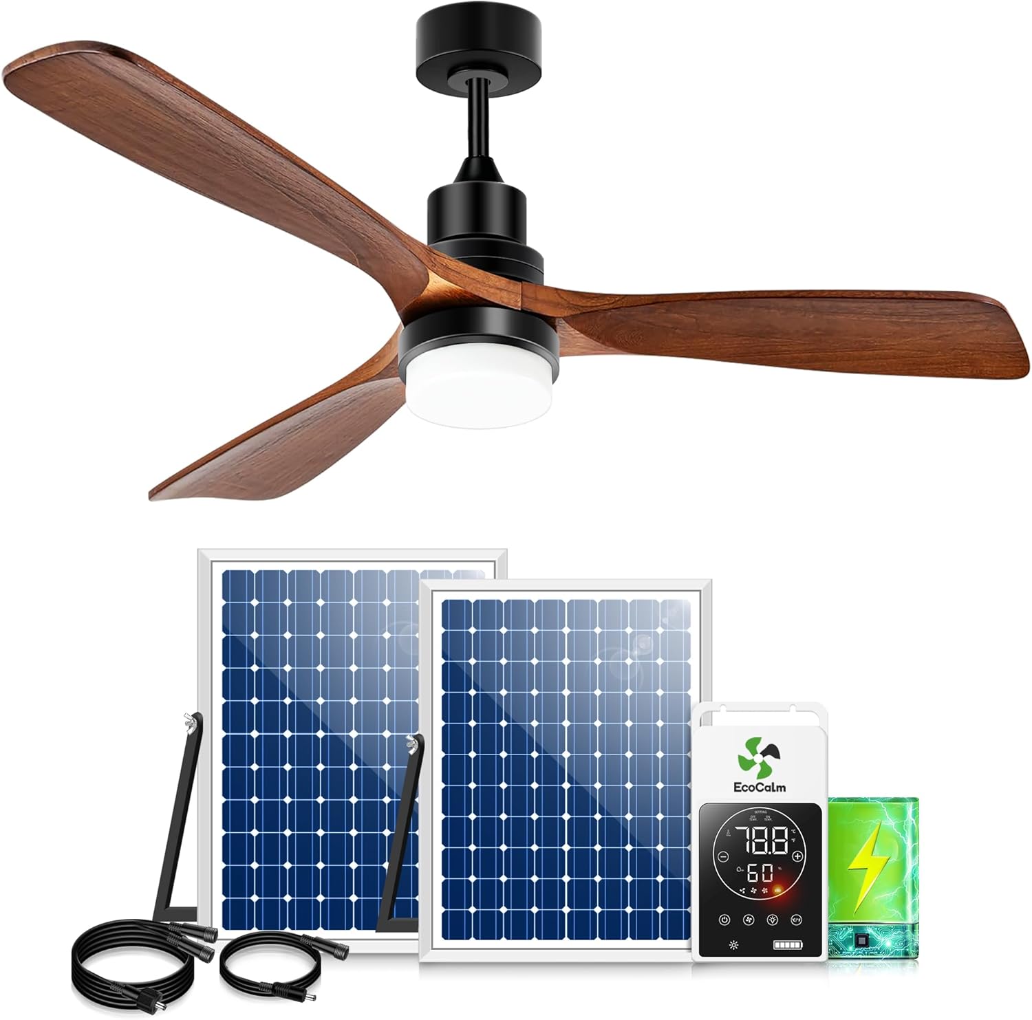 Out of doors Ceiling Fan with Gentle & Battery, 52″ Photo voltaic Ceiling Followers for Outdoors 3 Speeds, Quiet Wooden Walnut Fan with Adjustable Thermostat for Gazebo, Patios