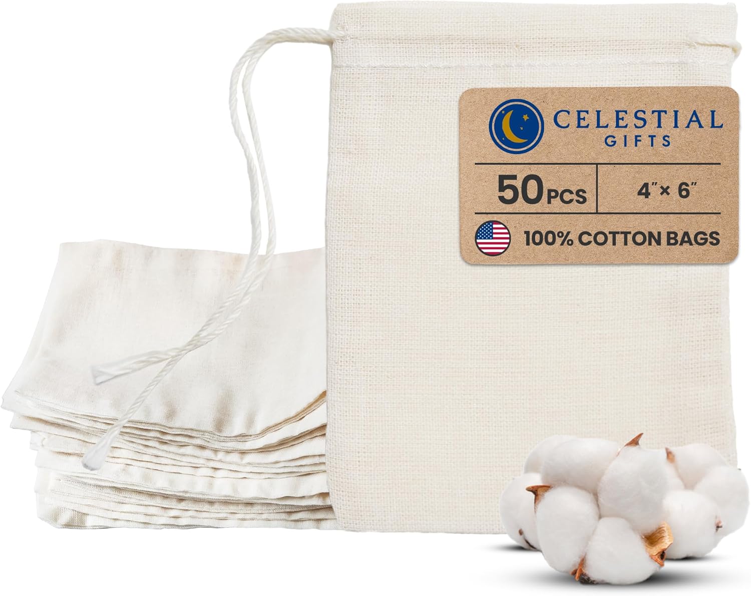 Celestial Gifts Muslin Bags 50pcs 4x6, 100% Cotton Drawstring Bags for Party Favors, Tea, Coffee, Pars and Spices - Made in USA (Natural Hem & Drawstring)