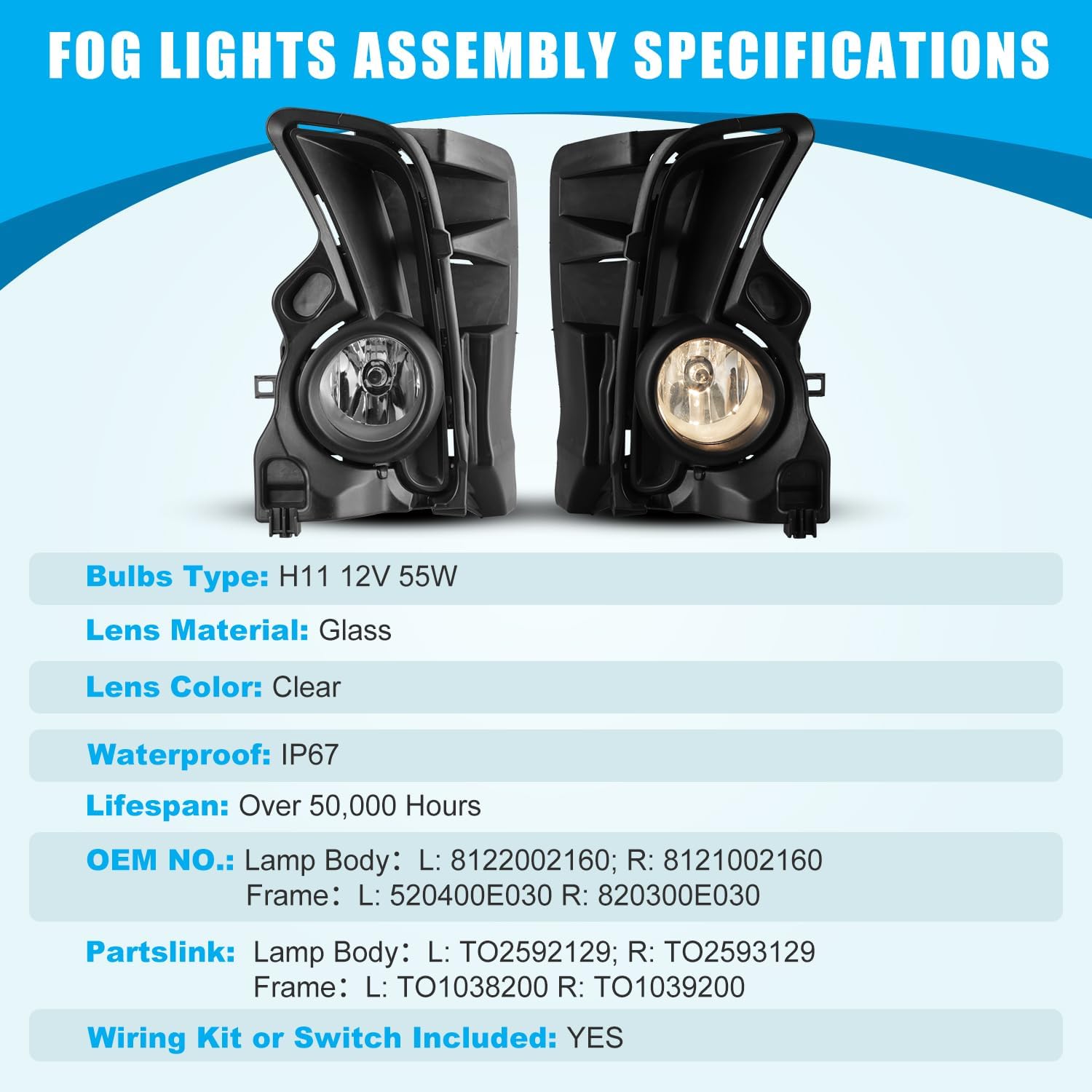CPW OEM Fog Lights Assembly Fit For 2017 2018 2019 Toyota Highlander, Driver & Passenger Driving Fog Lamps w/ H11 12V55W Halogen Bulbs + Wiring + Switch (Black Housing Clear Lens)