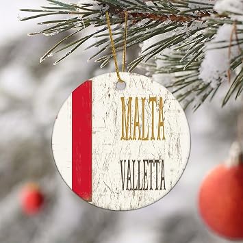 Capital City of Malta Valletta Flag National Flag Round Ceramic Christmas Ornament 3" Holiday Collectible Present Keepsake Christmas Tree Hanging Decoration Xmas Souvenir Gift for Friends