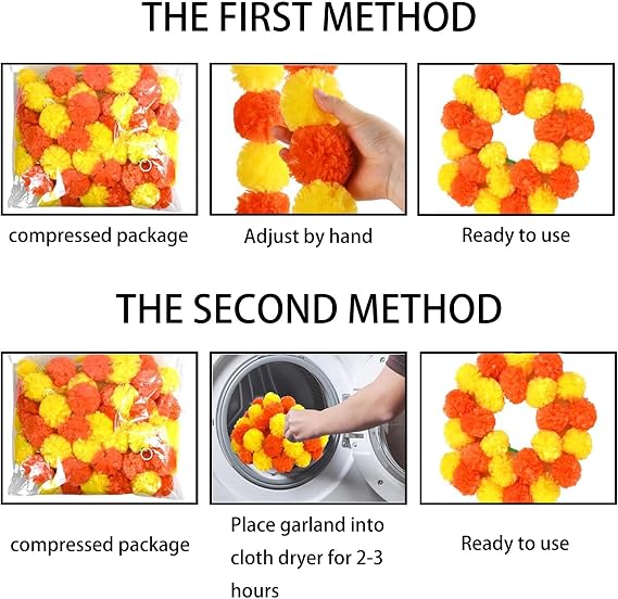 2pcs Artificial Marigold Flower Garland, Diwali Decorations for House, Marigold Garland Decorations, 5ft Artificial Marigold Flower, Parties, Weddings, Home Decoration, Diwali (Yellow & Orange)
