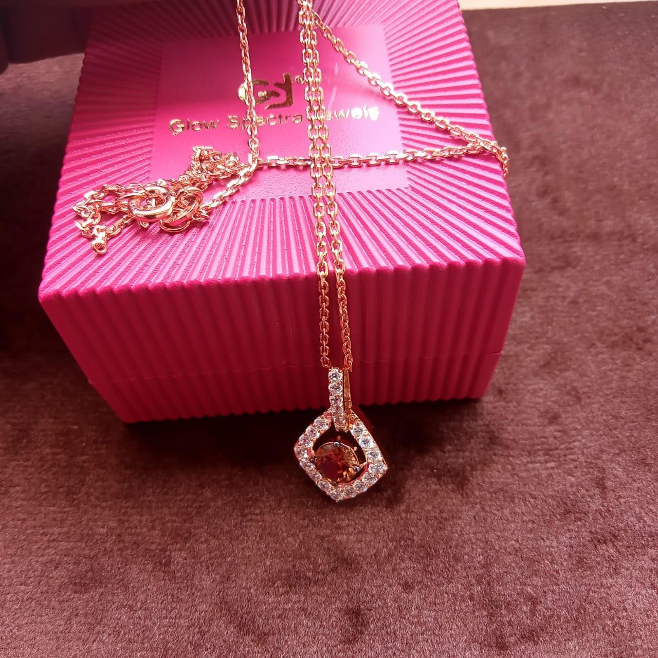 1.50 CT Round Shape Brown and White Diamond Prong Set Wedding Engagement Pendant Necklace with 18" Rope Chain In 14K Rose Gold Plated