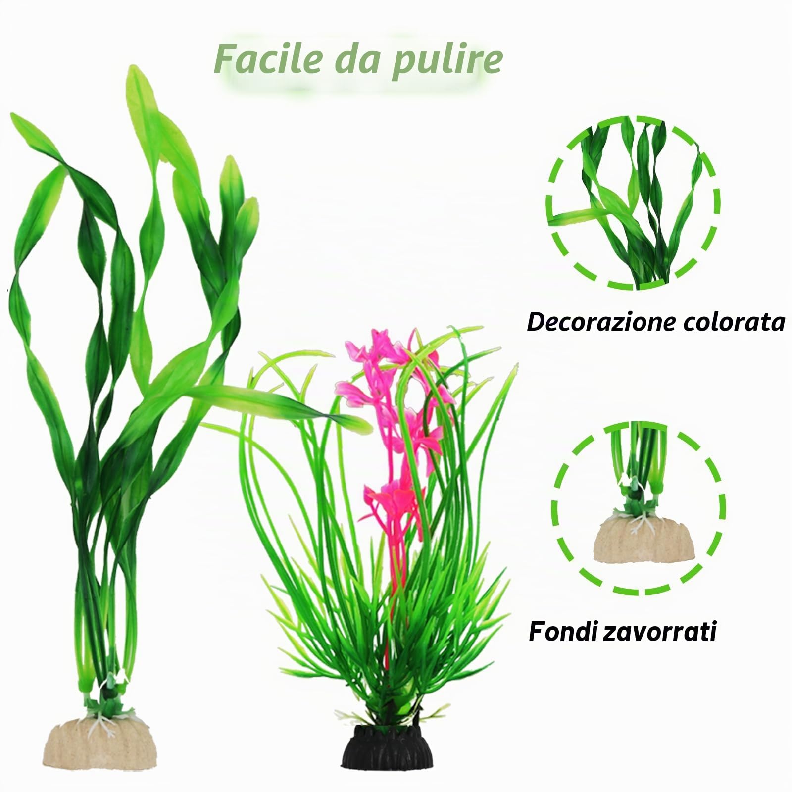 QUOZUO 9 Pezzi Decorazione Piante per Acquario, Piante in Plastica Verde con Resina, Grotta di Pesce e Accessori per Serbatoio
