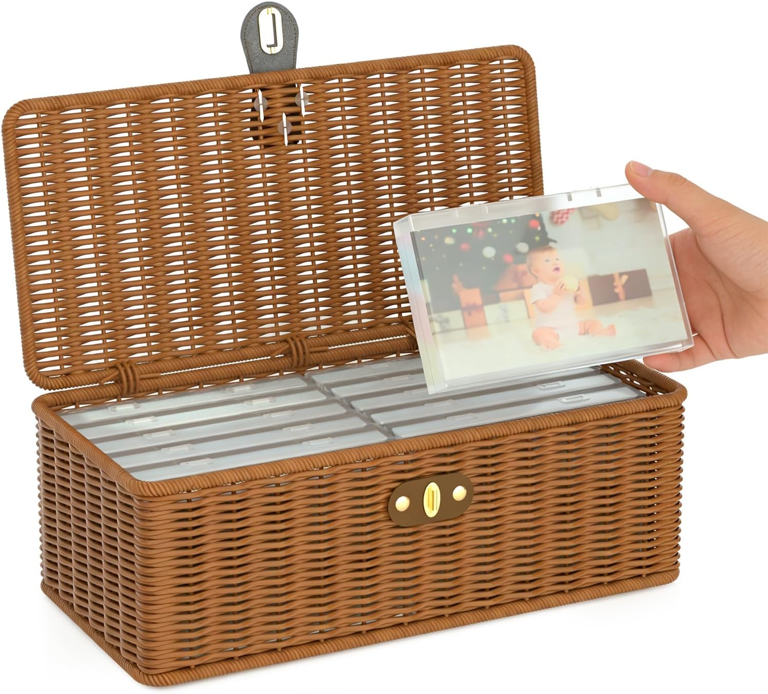 Decorative Photo Storage Box, Inner 12 Plastic Photo Case Hand Crafted Photo Organizer, Vintage Rattan Look Storage Container for 4x6 Photos, Keepsake Box for Pictures Stickers Postcards Scrapbooking