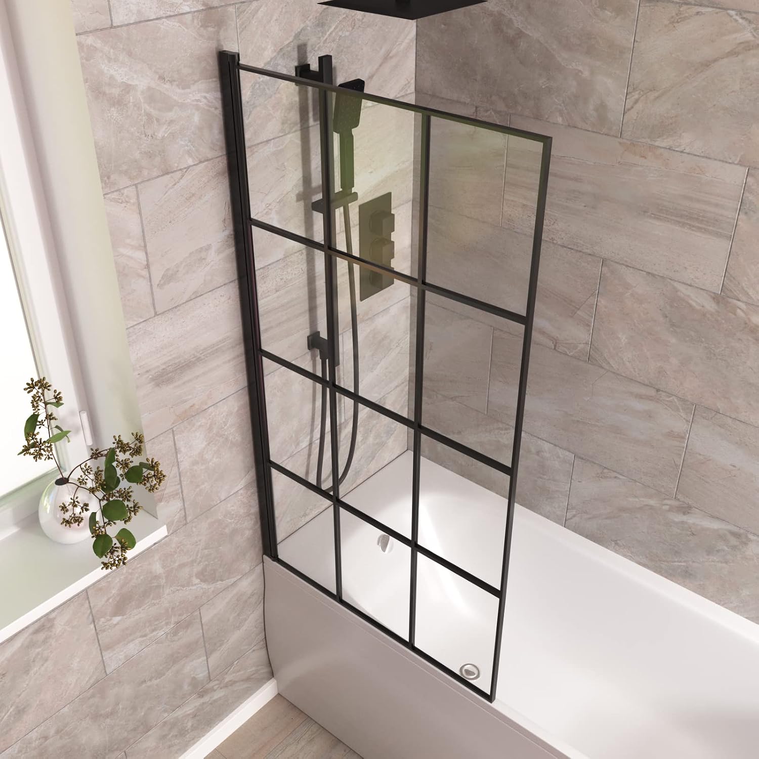 800mm Square Bath Screen Black Profile with Grid Glass Reversible | Sheen
