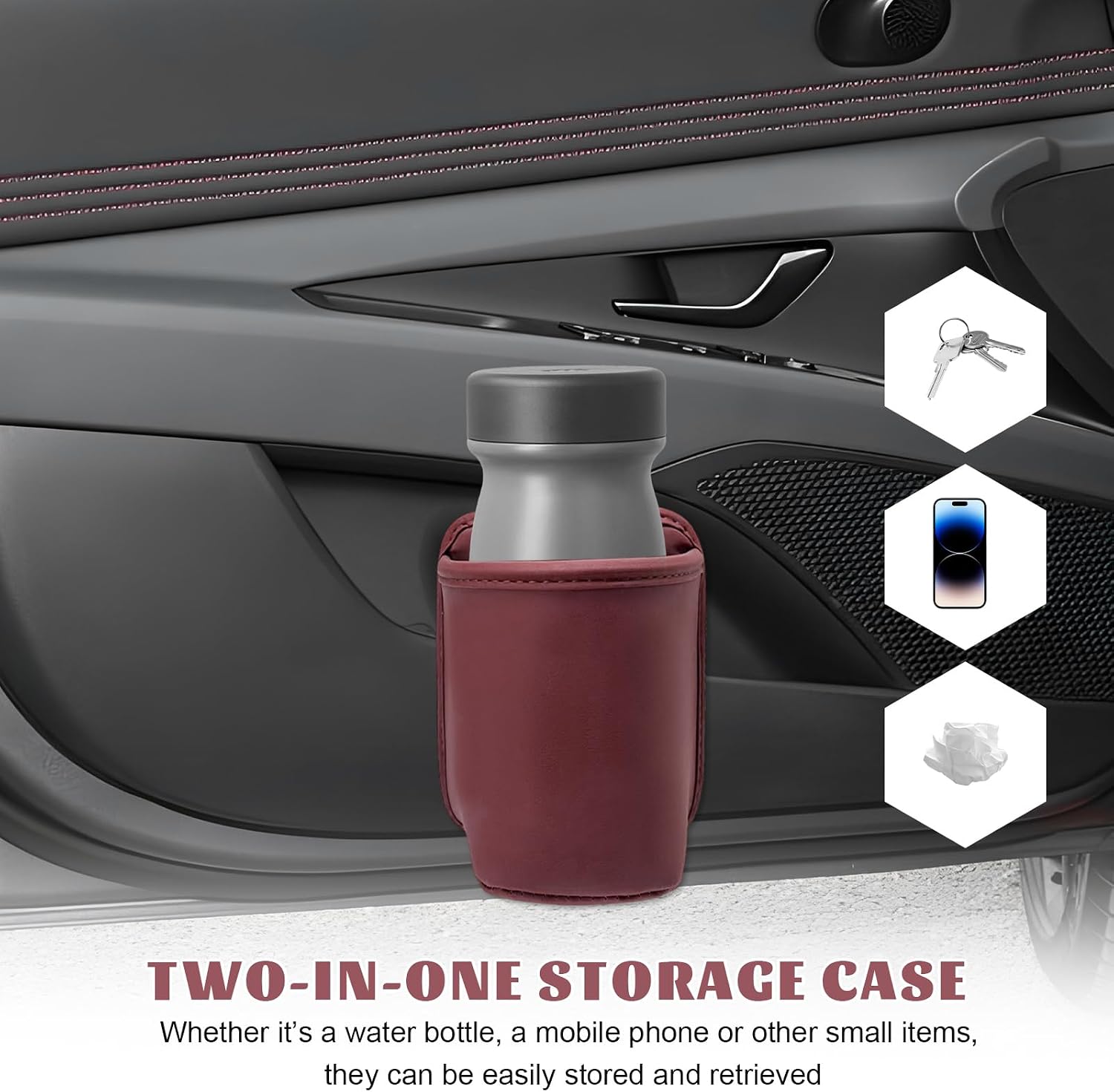 2 PCS Large Car Door Cup Holders, Clip On Leather Water Bottle Hanging Holder Side Door Pocket, Scratch-Resistant Drink Storage Organizer Beverage Bracket for SUV Car Truck (Wine Red) image 4