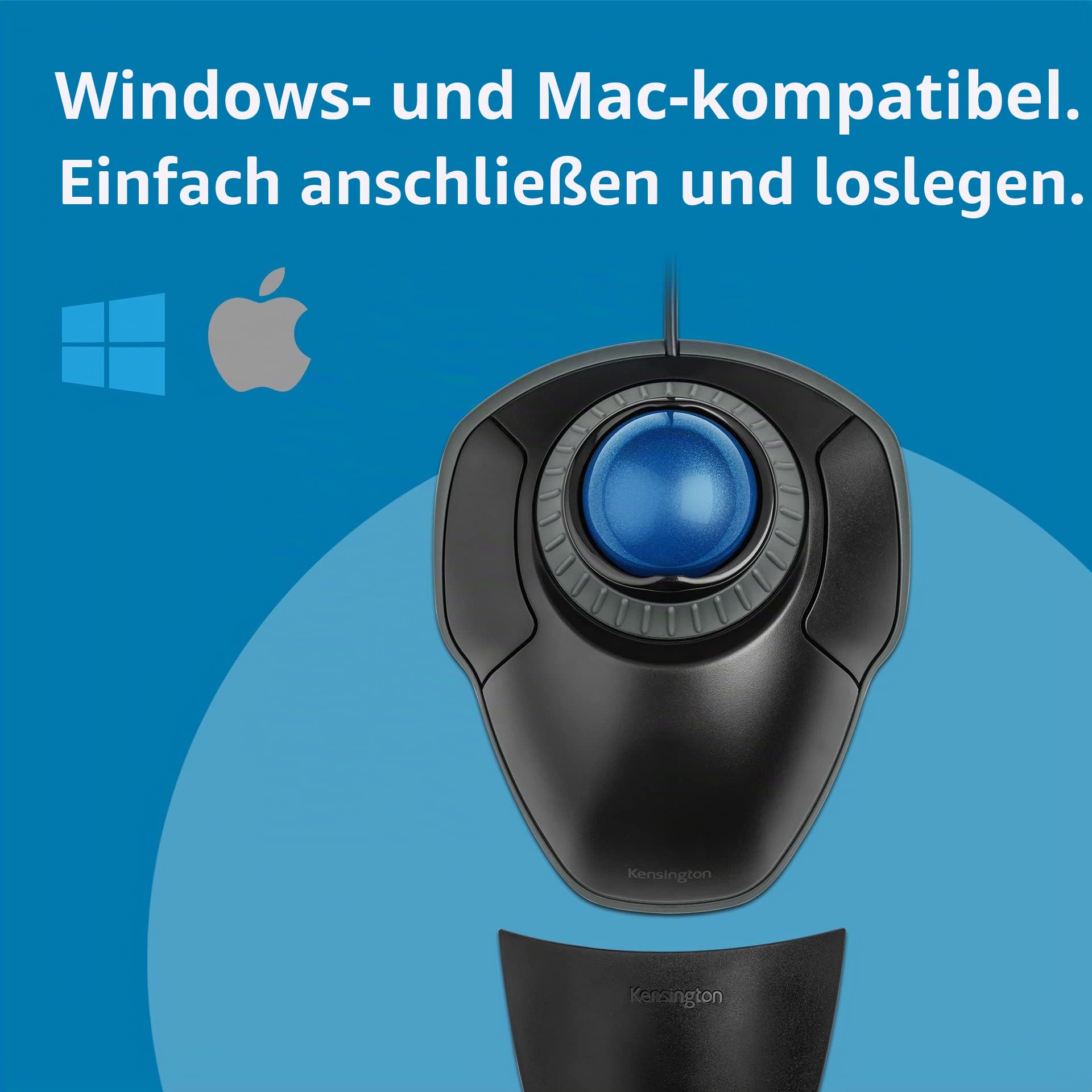 Kensington Orbit TrackBall, Kabelgebundene ergonomische TrackBall-Maus mit Scroll-Ring, 40 mm Kugel, Kompatibel mit Windows & macOS, für Rechts- und Linkshänder, Schwarz/Blau, K72337EU