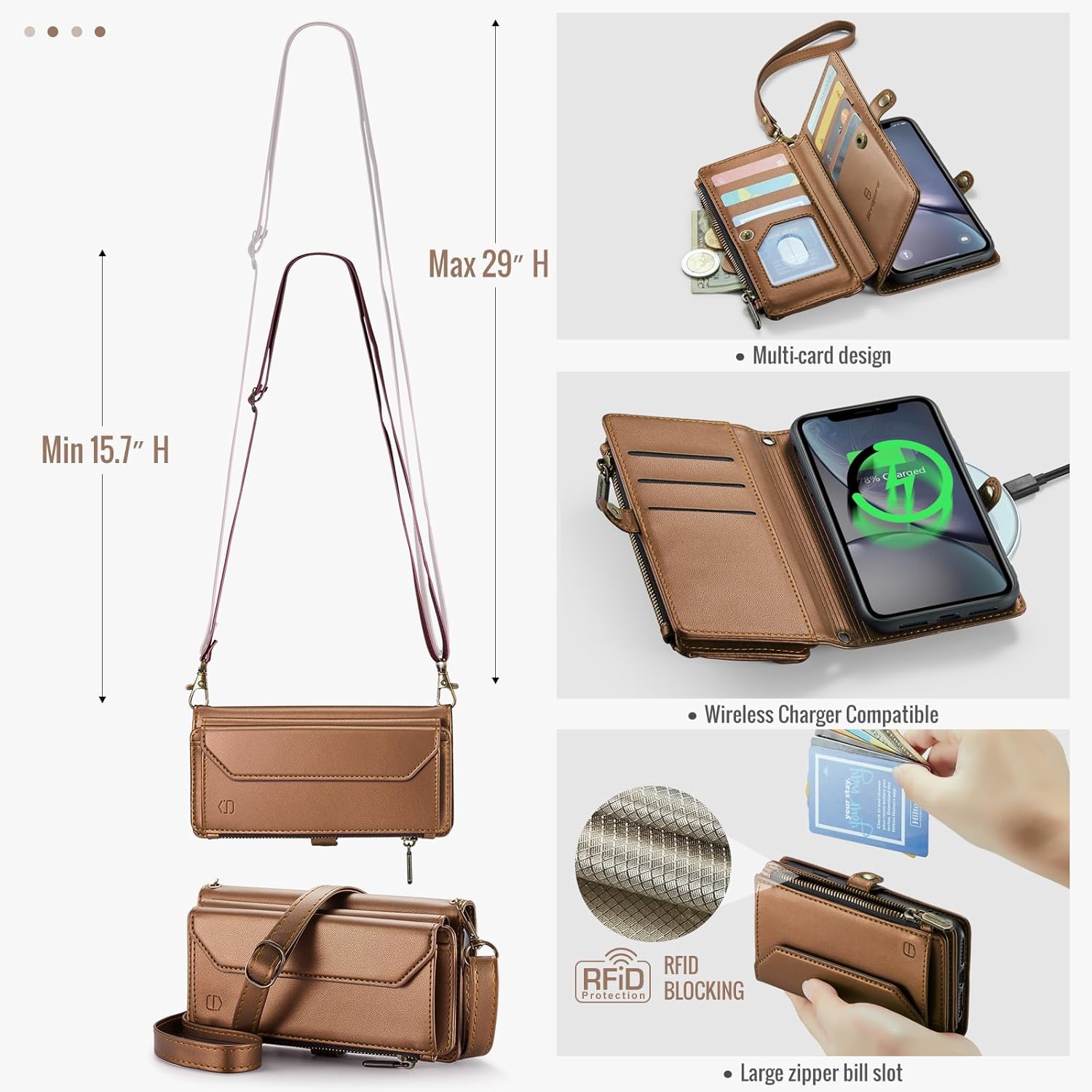 Strapurs Crossbody Wallet Case Compatible with iPhone XR RFID Blocking 7-Card Holder Soft PU Leather Magnetic Snap Shoulder Strap Zipper Pocket Purse Phone Case Wallet Fit for iPhone XR 6.1" - Brown