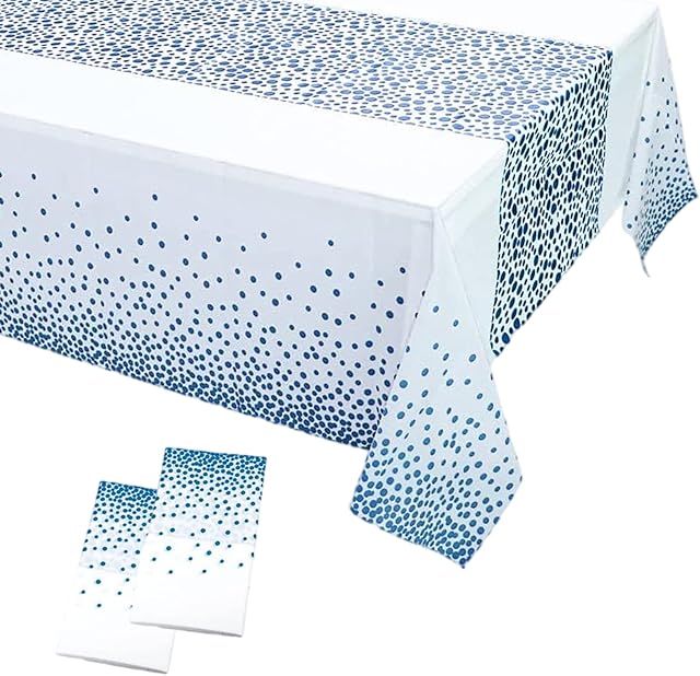 2Pcs 137*274cm White and Blue Disposable TableCloths Party Paper Plastic TableCloth,Large Thicken Dot Rectangular Waterproof Table Cover for Picnic,Halloween,Wedding,Christmas,Birthday Party Decor