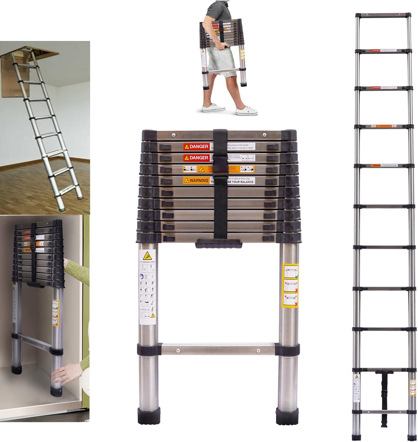Extension Ladder Telescoping Ladder 10 FT Ladders for Home, Collapsible Ladders Stainless Steel Telescopic Ladder Roof Ladder Rv Ladder, Multi Purpose Compact Ladder Engineering Ladder, 330Lb Capacity