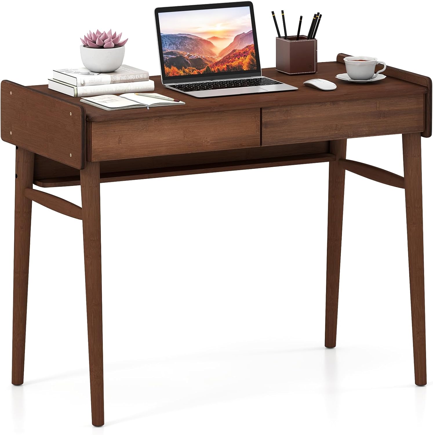 Tangkula Bamboo Mid Century Desk with 2 Storage Drawers, Home Office Study Writing Desk with Shelf & Cable Management Groove, Home Office Desk for Working & Learning (Brown)